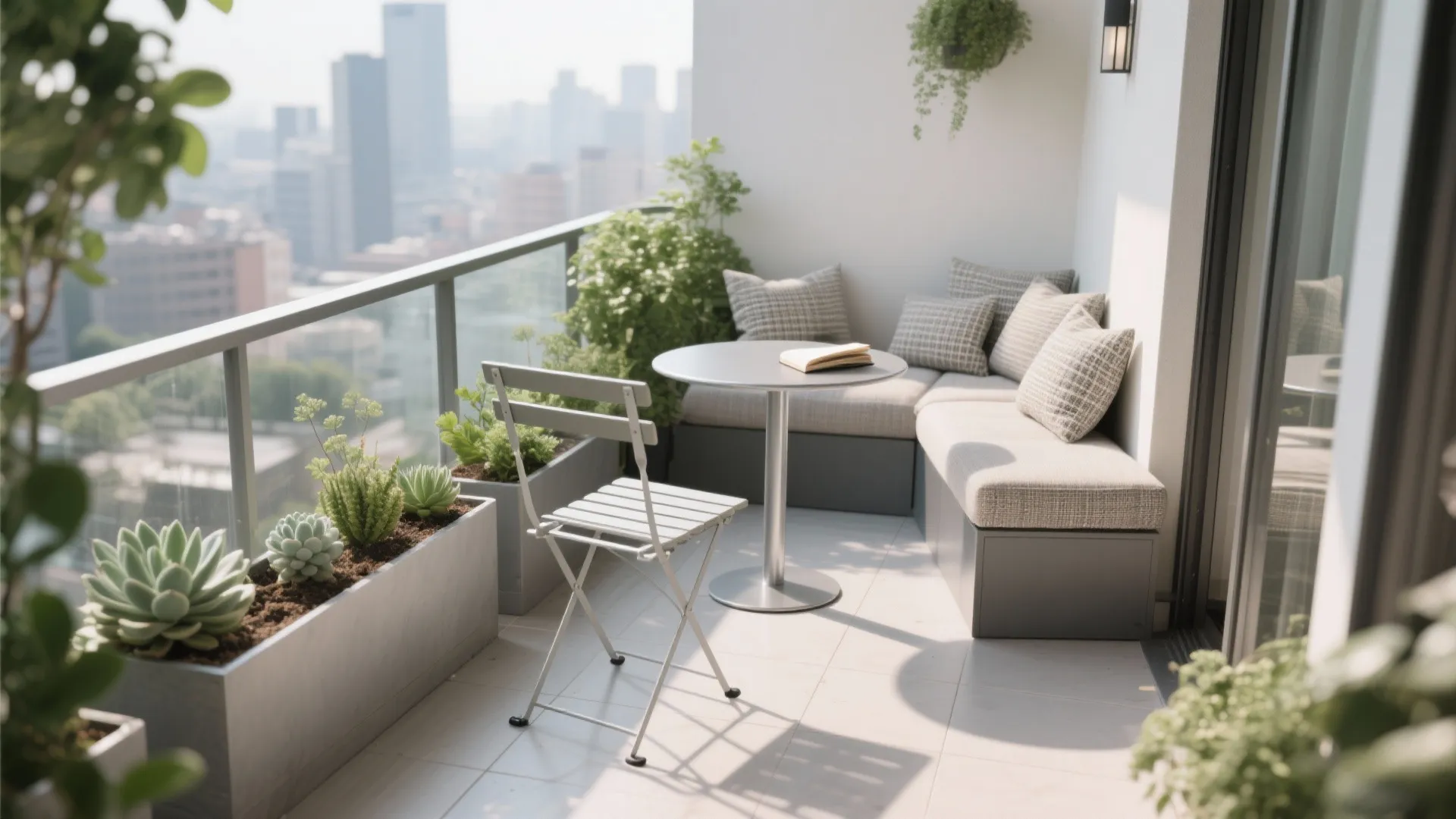 Slim bistro set with integrated planters creates a cozy balcony nook.