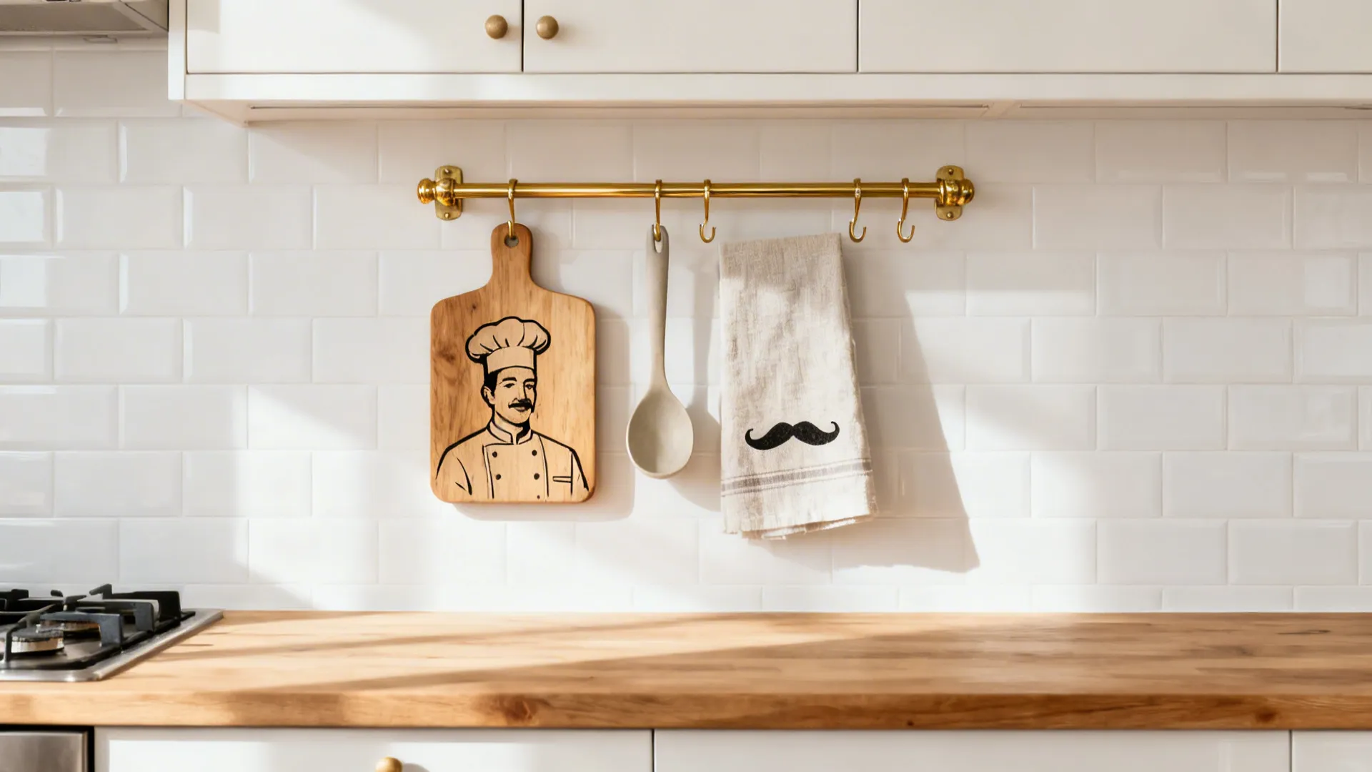 Brass bistro rail with S-hooks holding a chef-illustrated board, a towel, and a ladle over a clean backsplash.