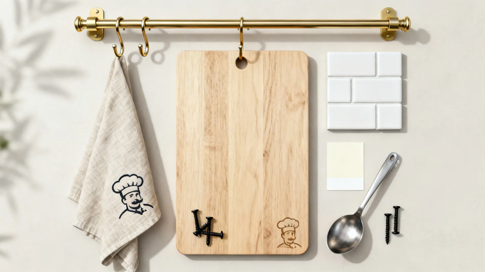 Top-down materials: brass rail and hooks, chef board, linen towel, ladle, tile and paint swatches.