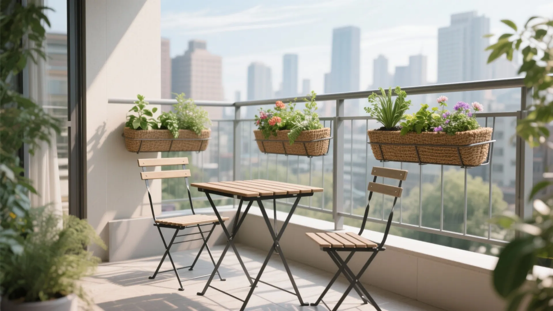 Foldable bistro set with rail planters keeping greenery at eye level on a compact balcony.