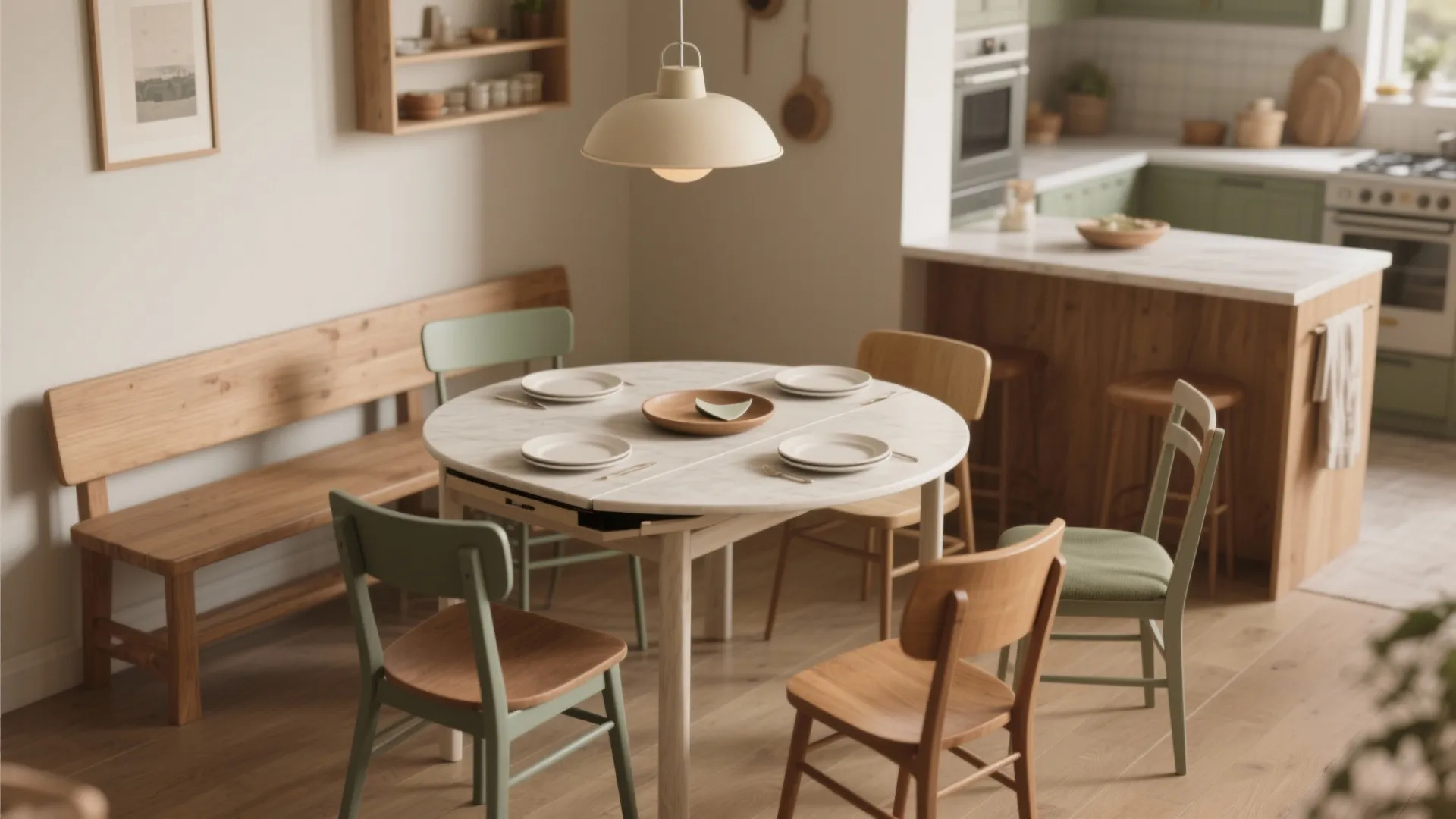 Round white marble dining table with colorful chairs wooden bench ceiling light and green kitchen background