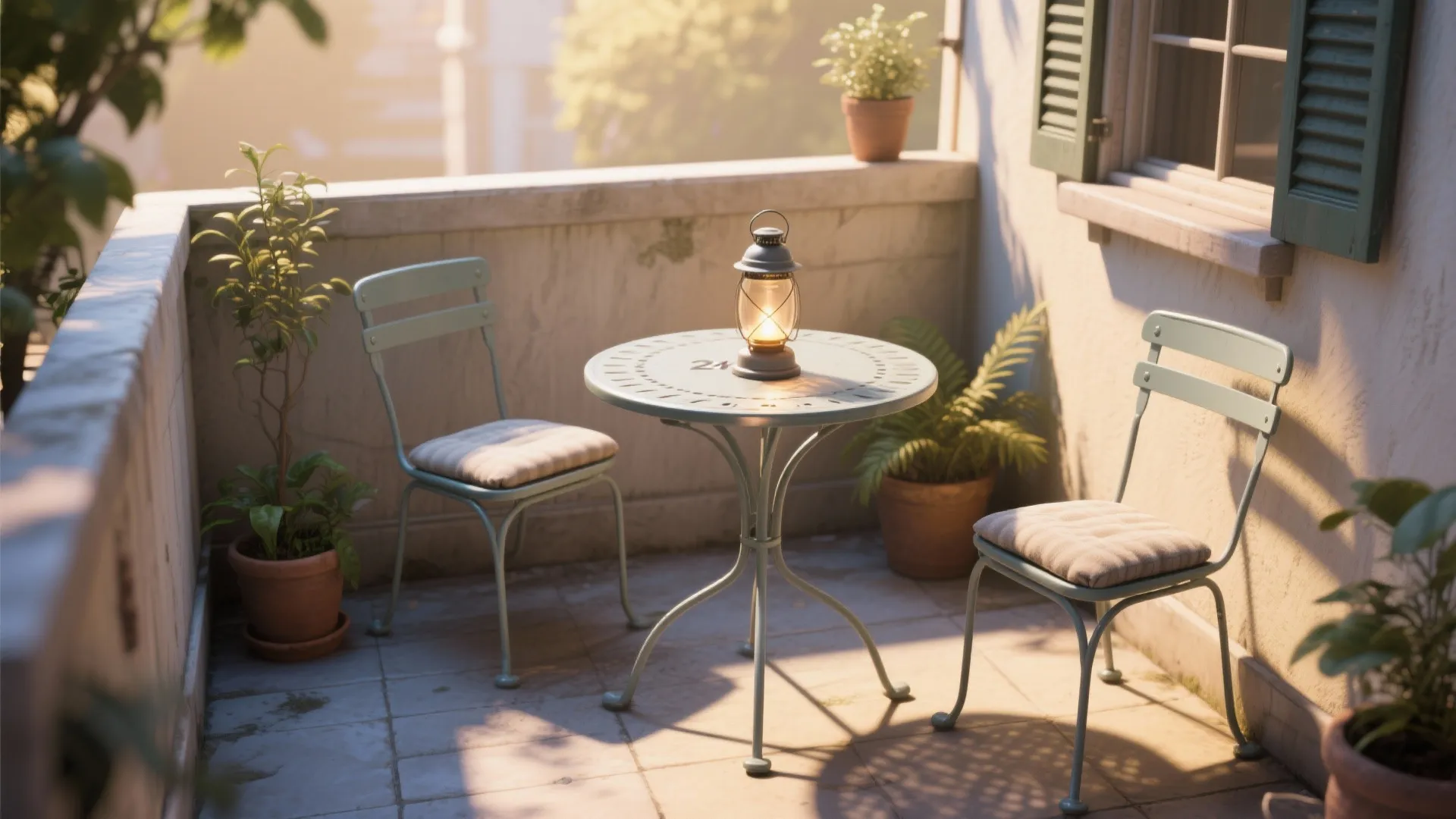 Small outdoor balcony with two green metal chairs round table light fixture and potted plants