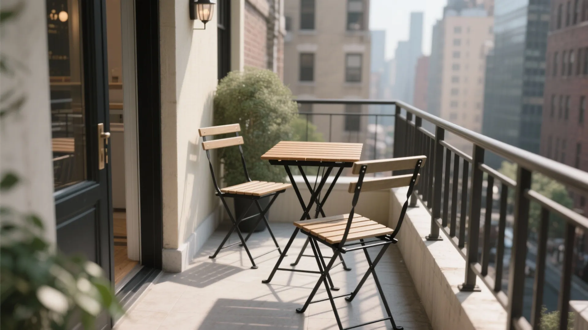 Narrow balcony with folding bistro set, UV cushions, and table tucked by the rail