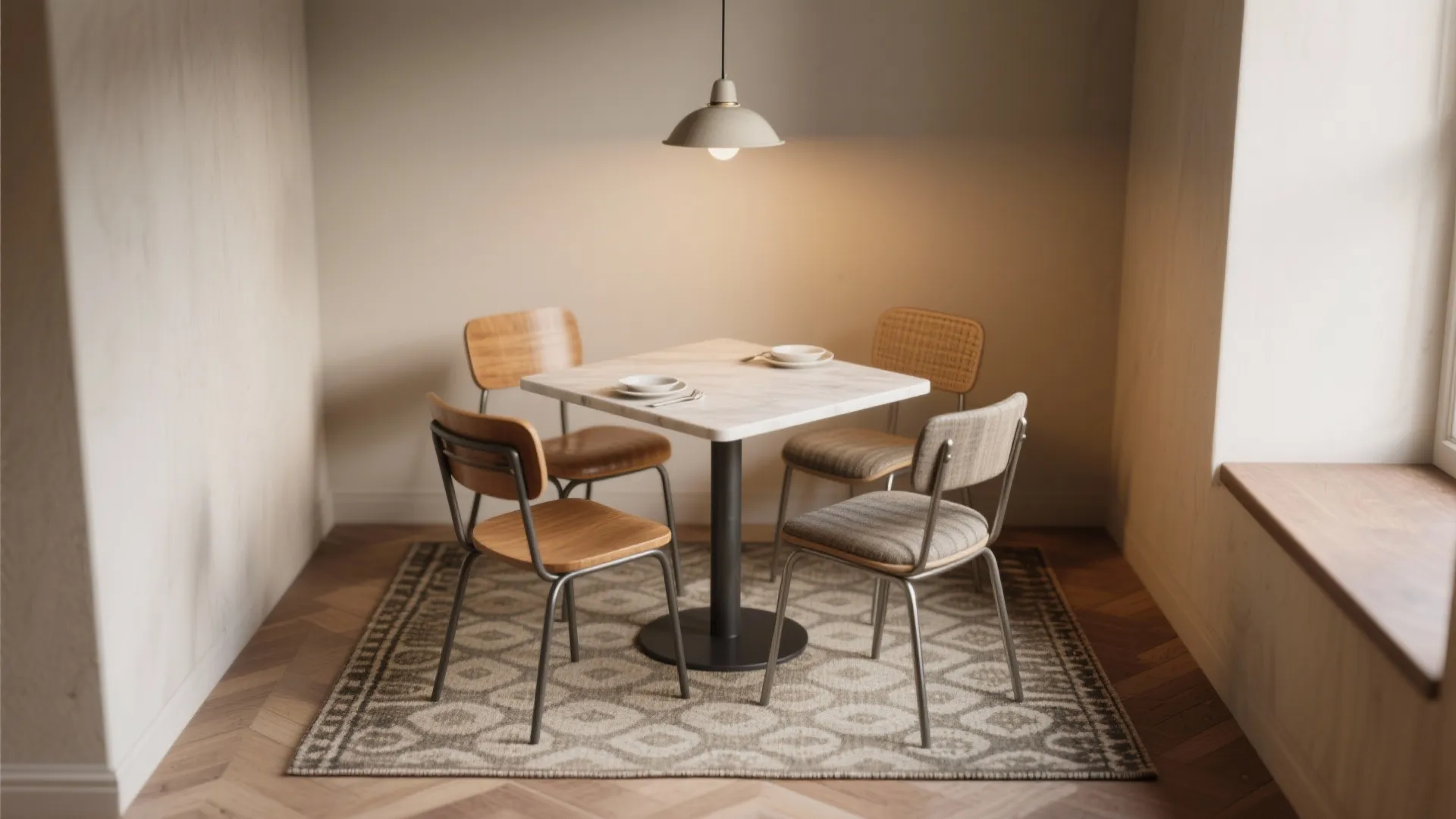 Square white marble dining table with four chairs on a patterned rug under a light