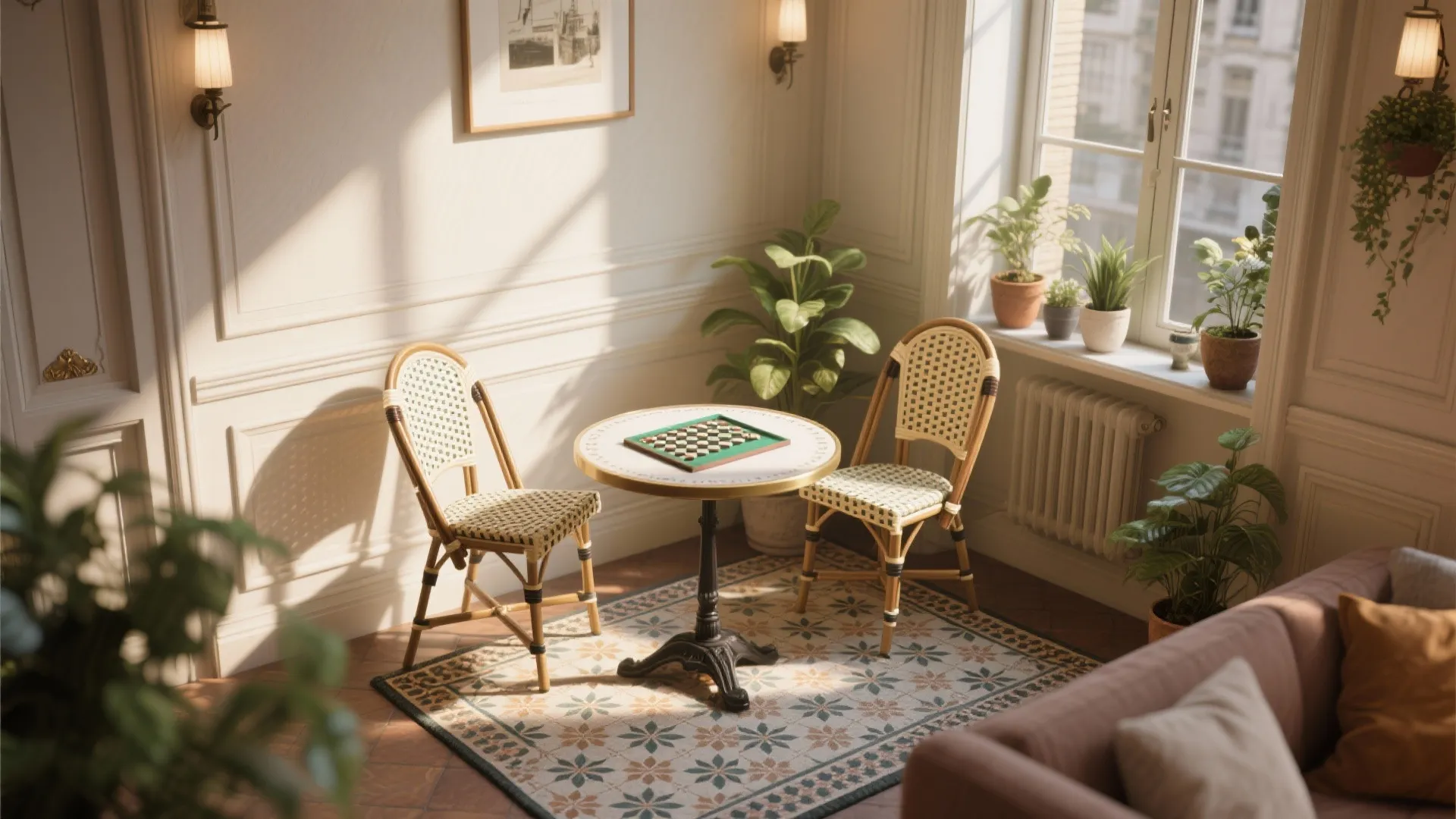 Round bistro table in a cozy sunny living alcove