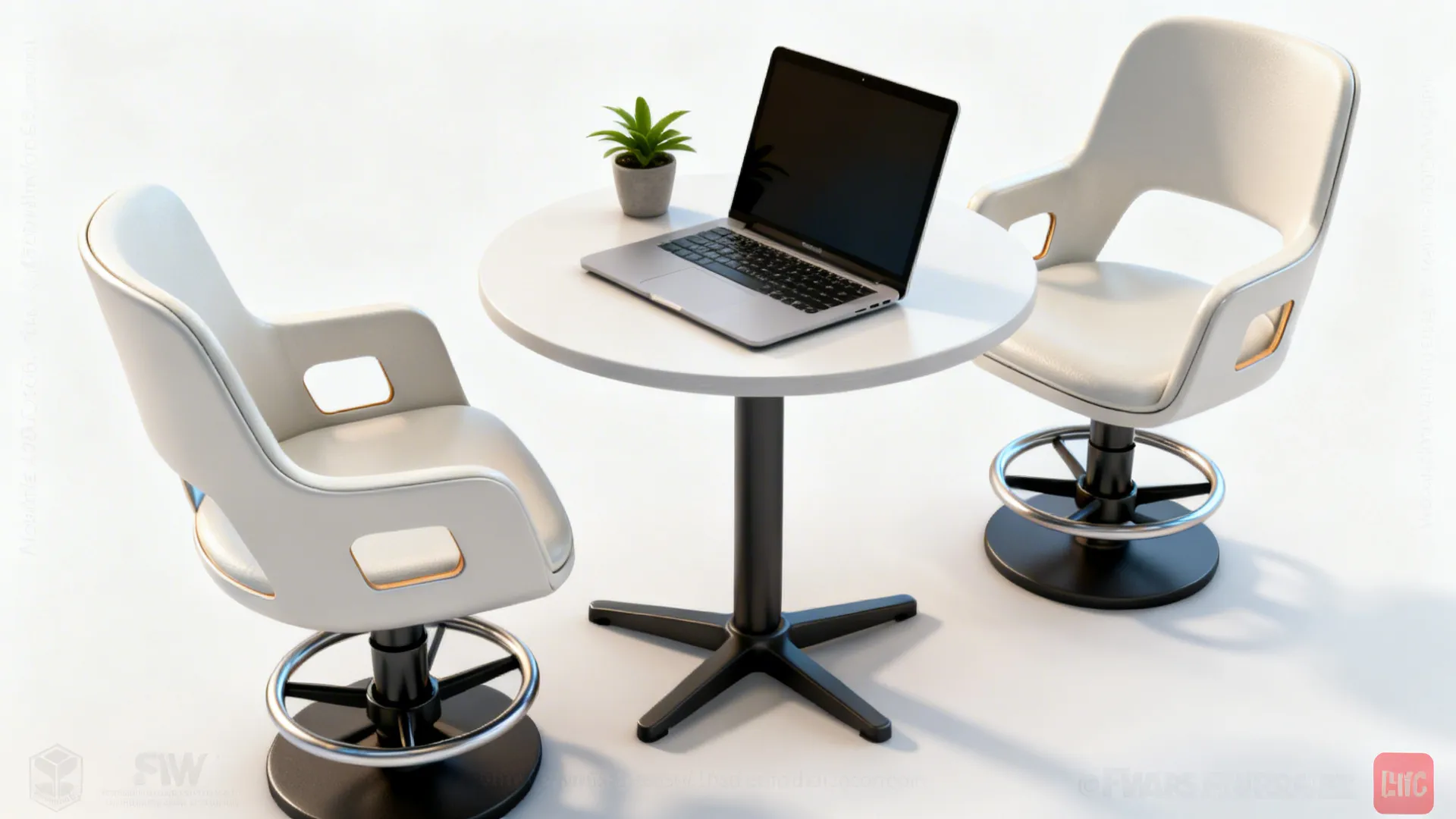 Compact bistro set with swiveling chairs used as dining and workspace in a studio.