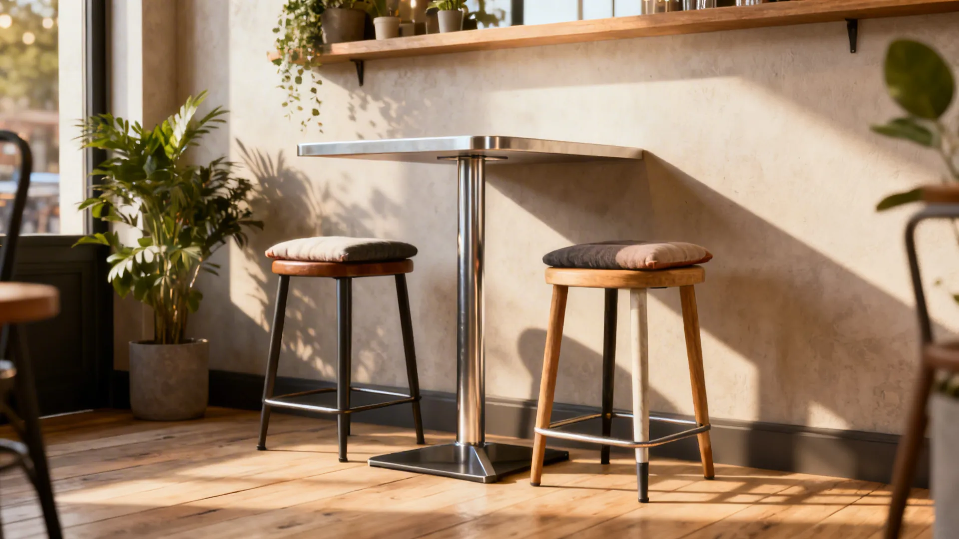 Bistro-style café table with two stools tucked under in a cozy corner