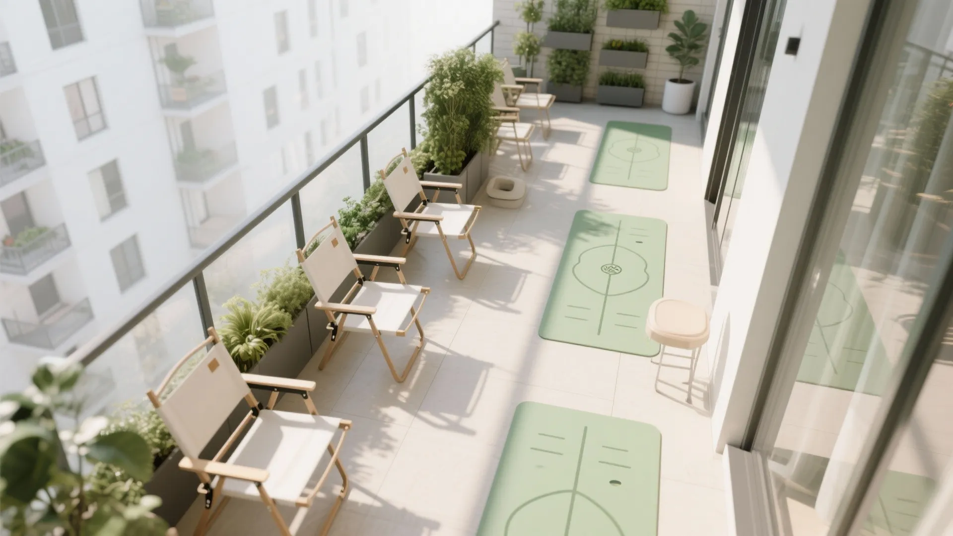Top down view of long balcony featuring white folding chairs green floor mats and green plants