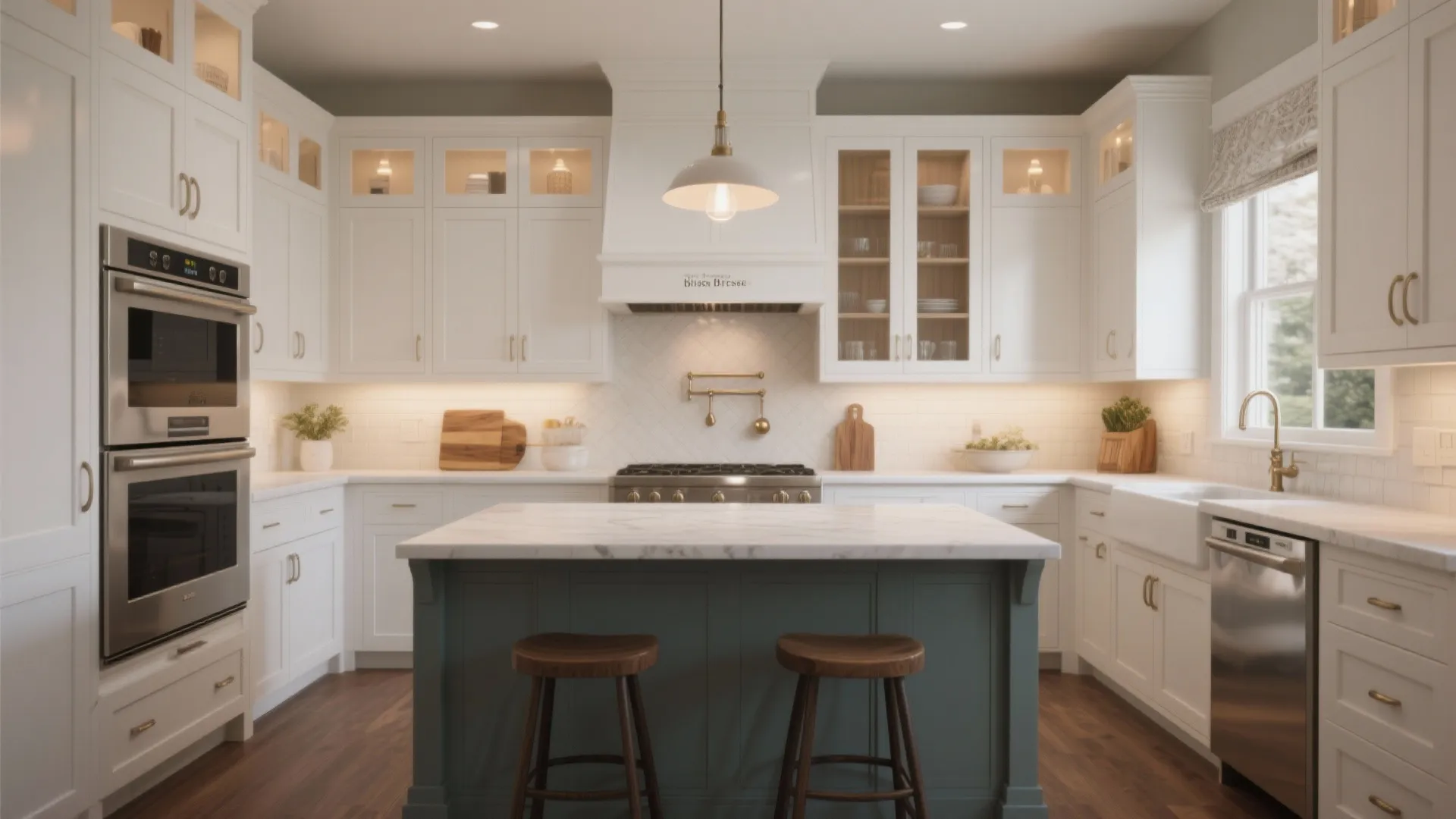 Modern white kitchen with blue island, wooden stools, marble countertop, white cabinets, and ceiling light