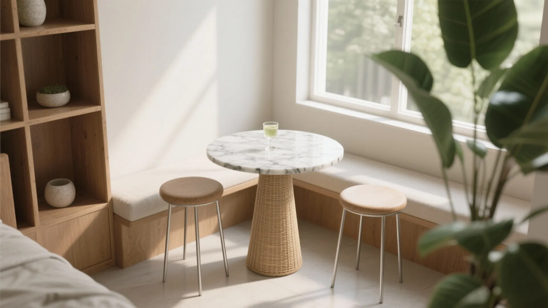 5) A Micro Bistro Nook: Small Round Drinks Table by the Window