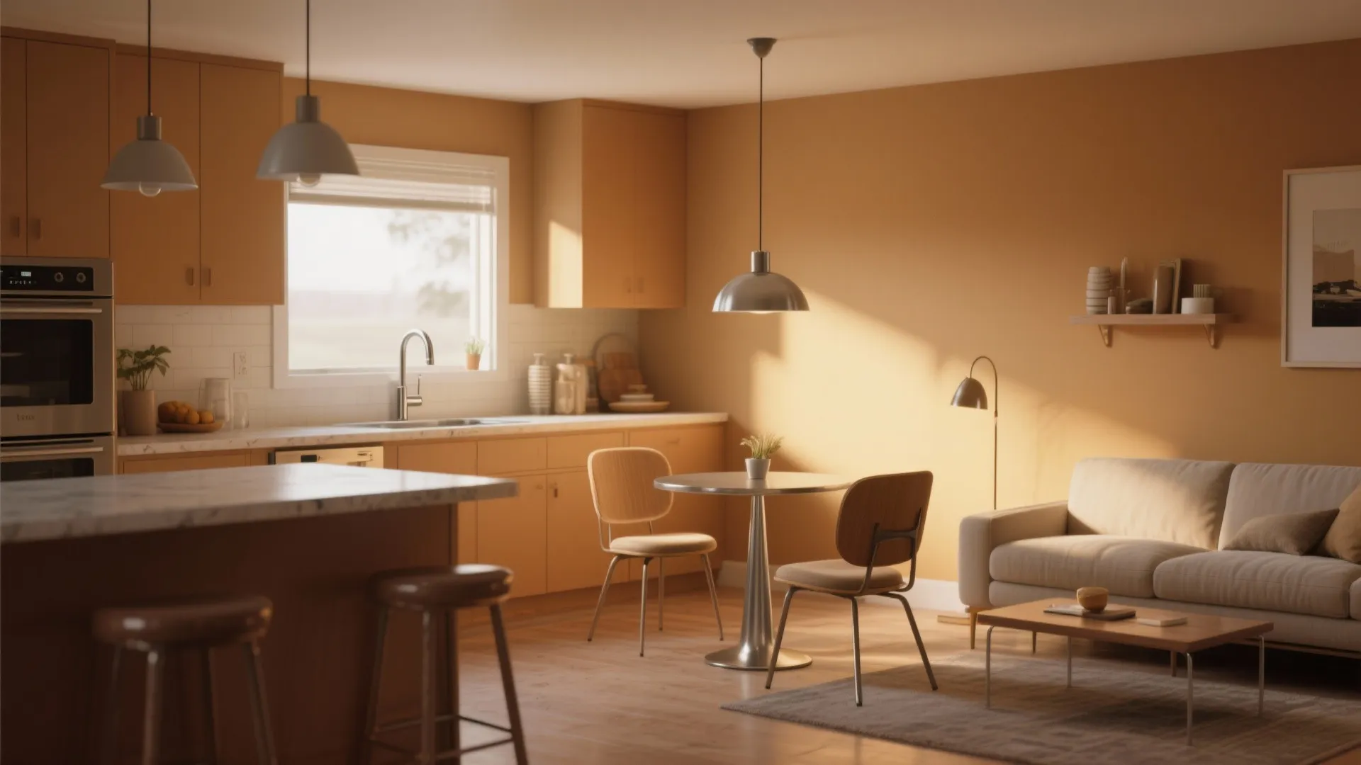 Modern kitchen and living room with warm yellow walls, wooden cabinets, dining table, and sofa