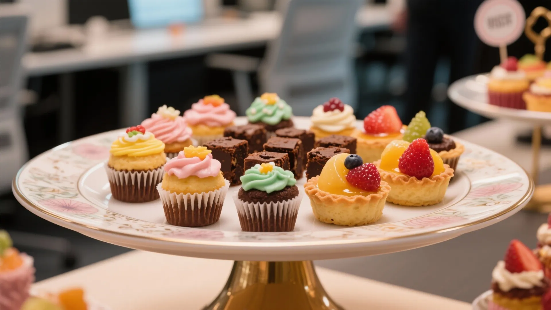 Assorted colorful mini cupcakes and fruit tarts displayed on a white ceramic dessert serving stand
