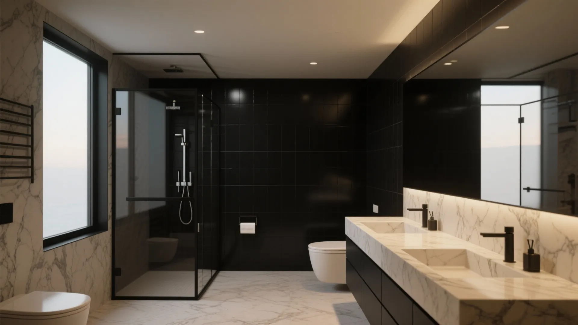 Compact ensuite with a matte black accent wall and beige marble vanity and surfaces.
