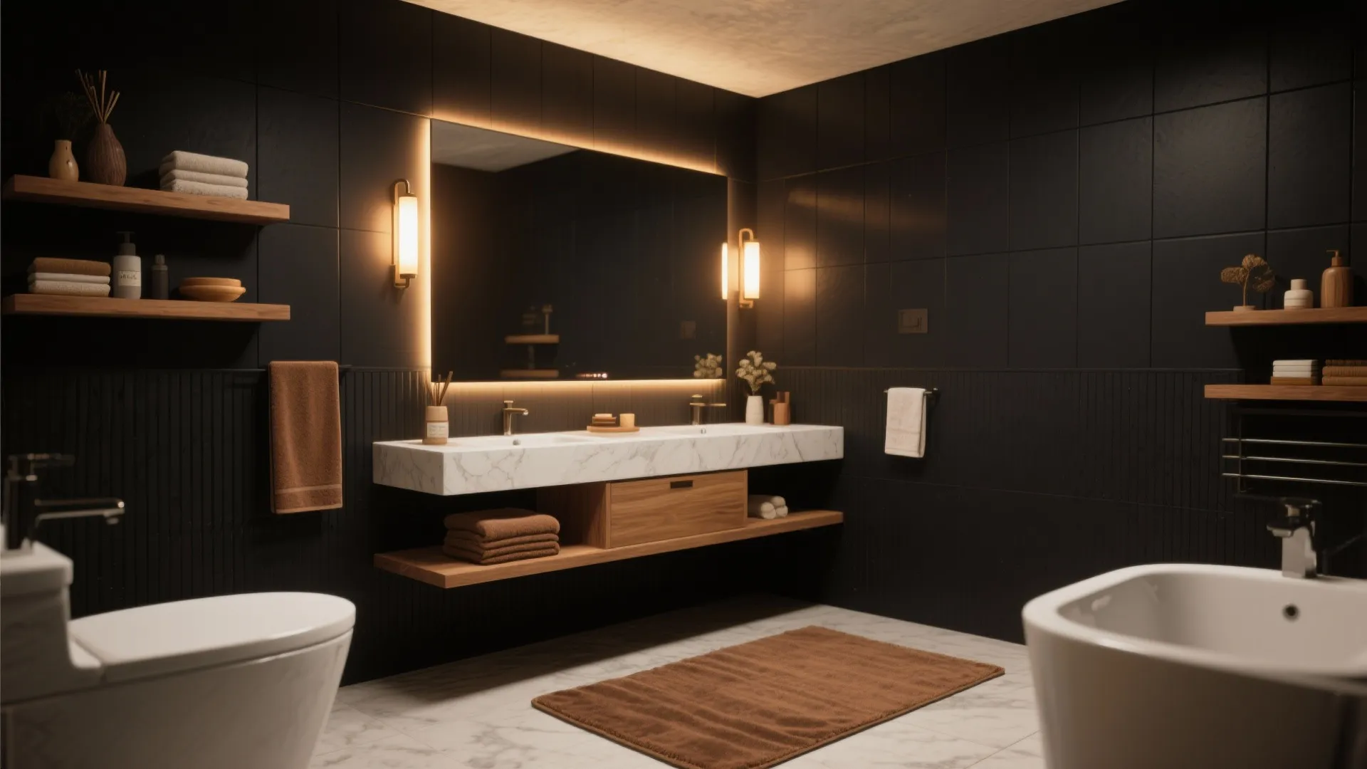 Modern bathroom with black wall panels marble sink wooden cabinet backlit mirror and warm wall light