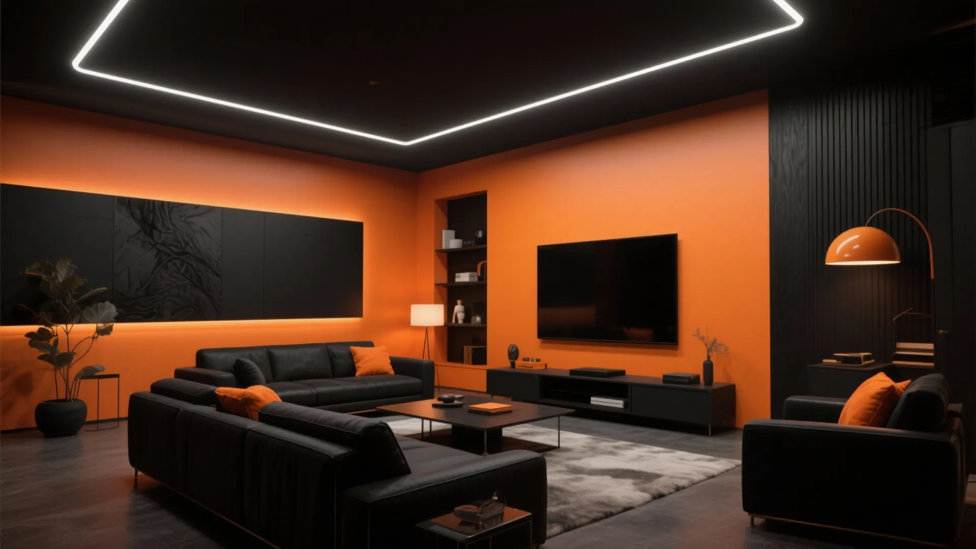 Modern living room with orange walls black sofa coffee table rug tv and large light