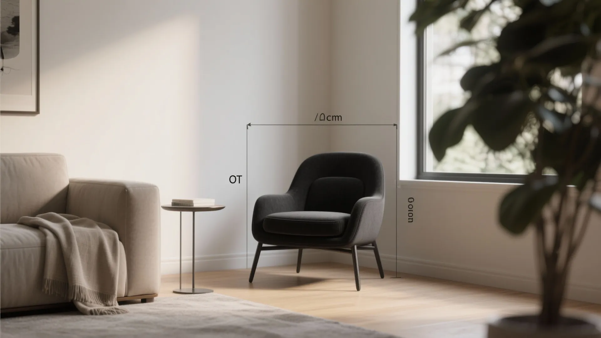 A single black accent chair punctuates a neutral living room corner with a slim side table and soft throw.