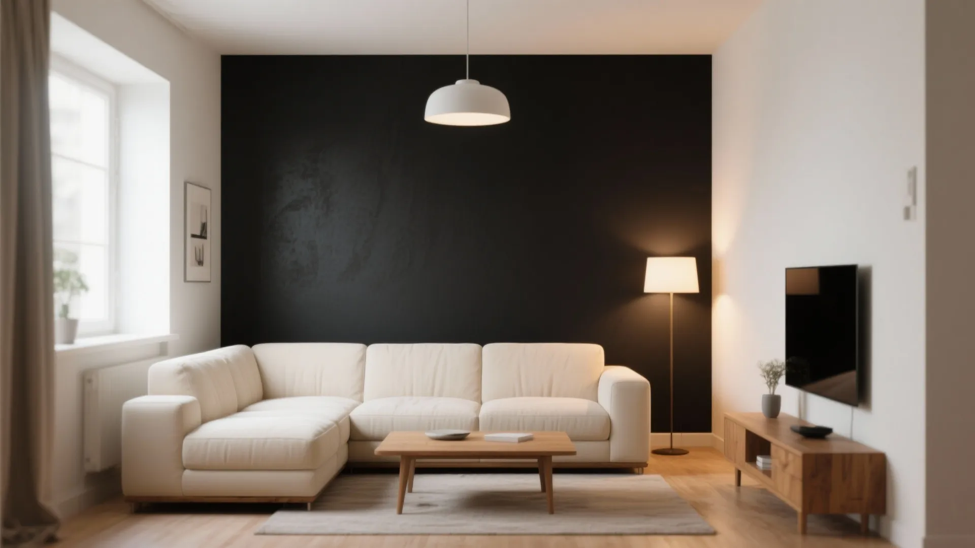 2. Black Accent Wall with Cream Furnishings