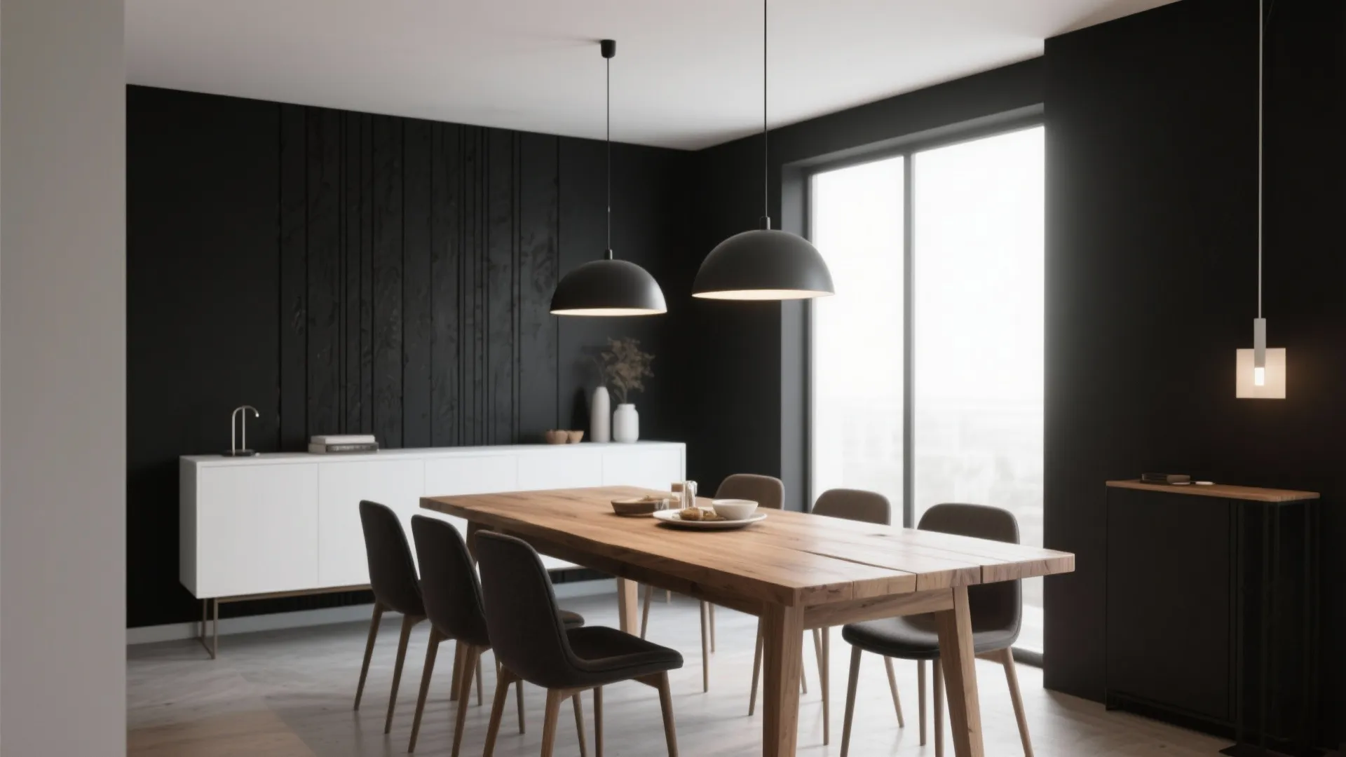 Black dining room accent wall with raw wood furniture