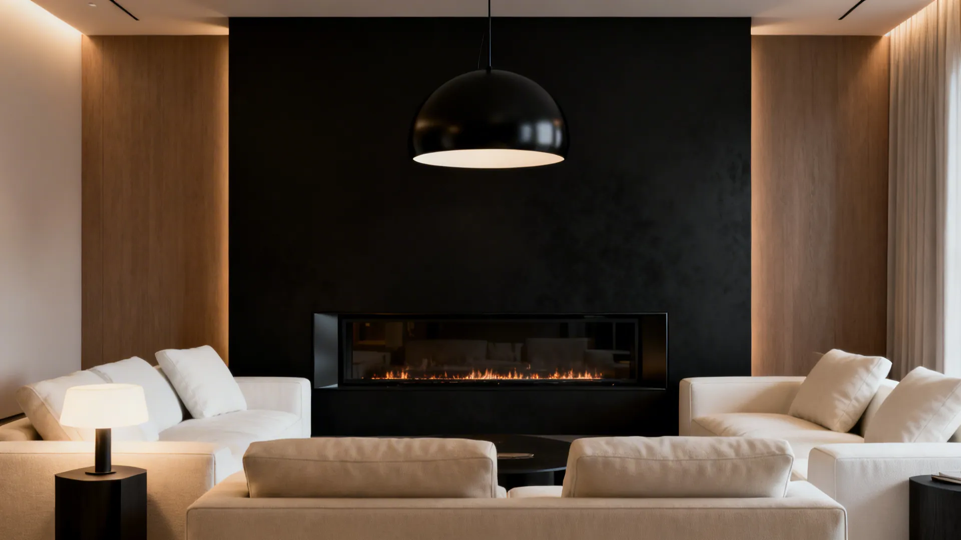Living room with a single black accent wall, fireplace surround and layered lighting.