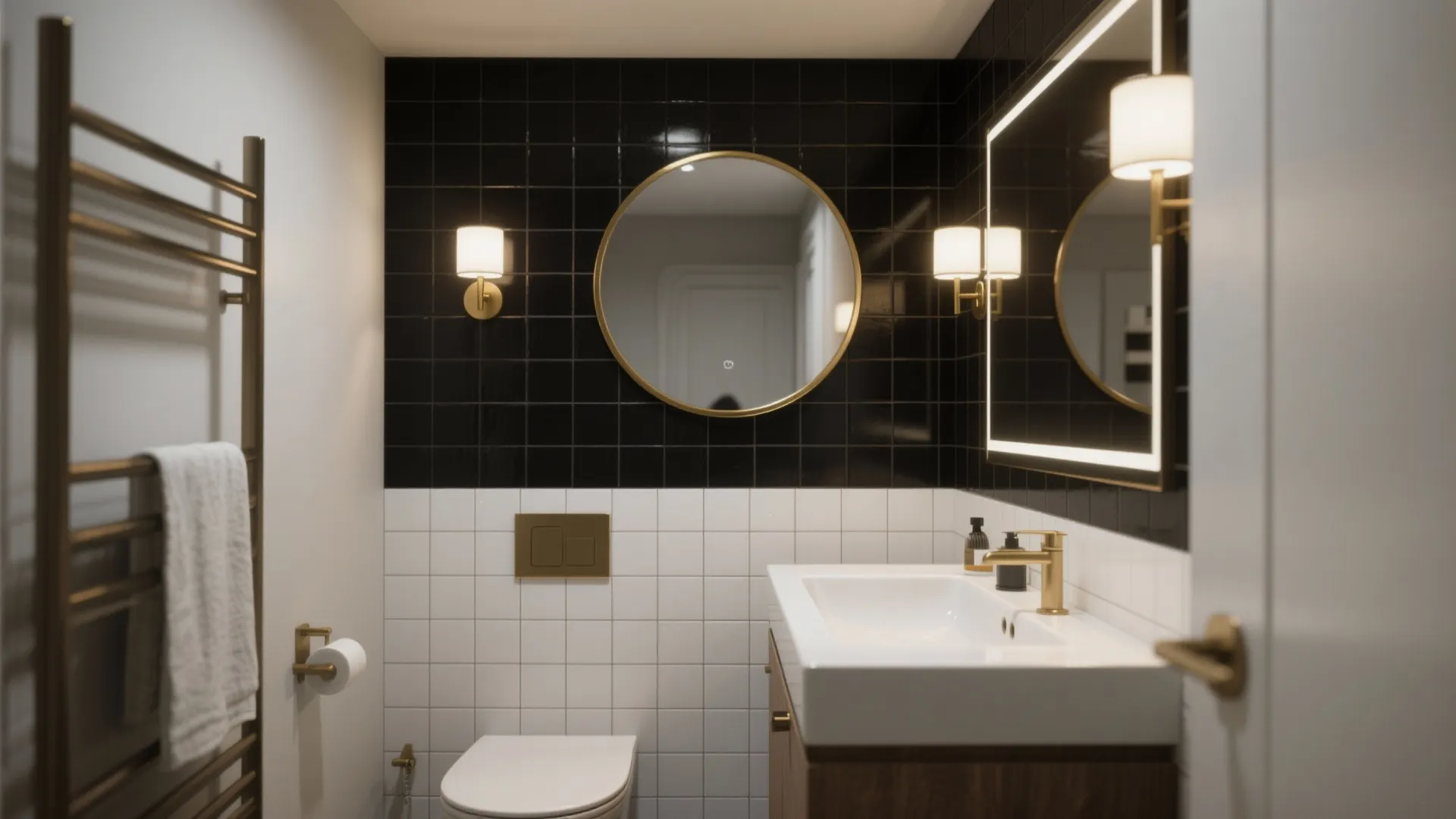 3. Half-tiled Black Accent Wall + Gold Mirror