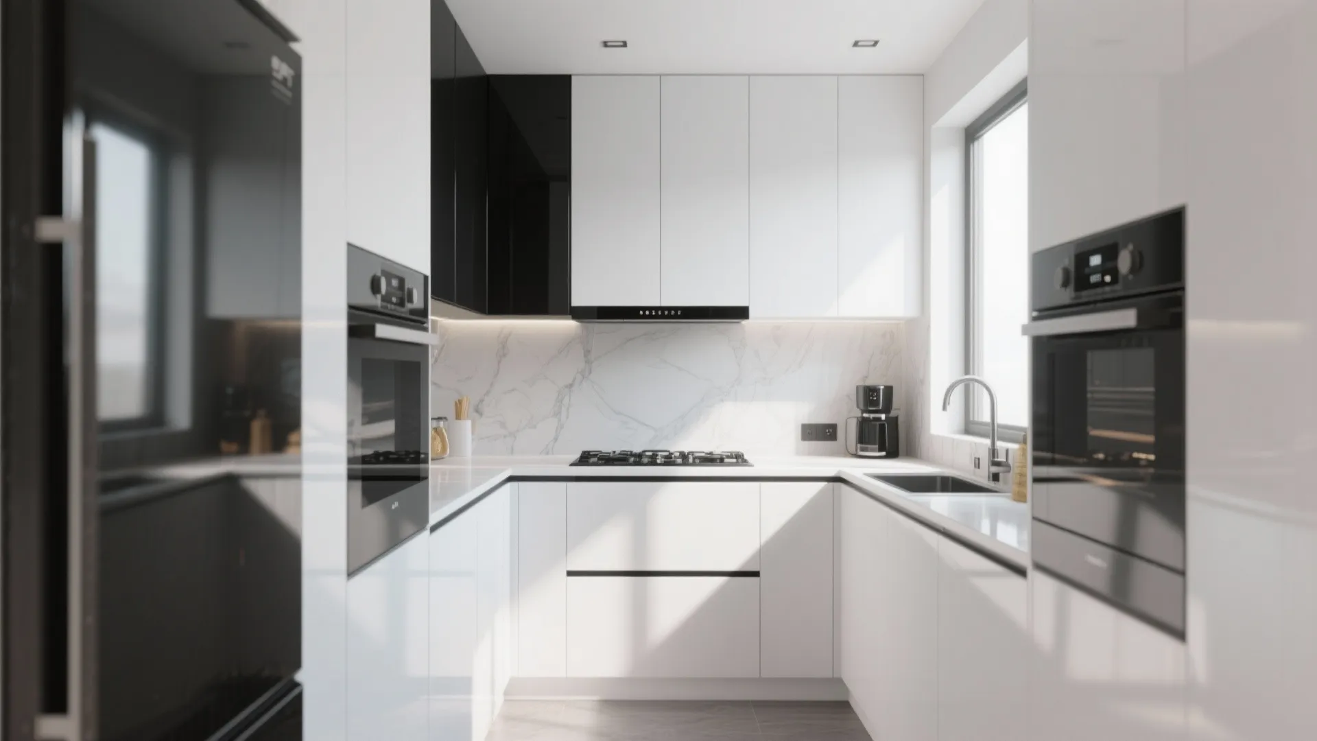 Minimalist white kitchen with black accents marble walls built in ovens and clean modern layout