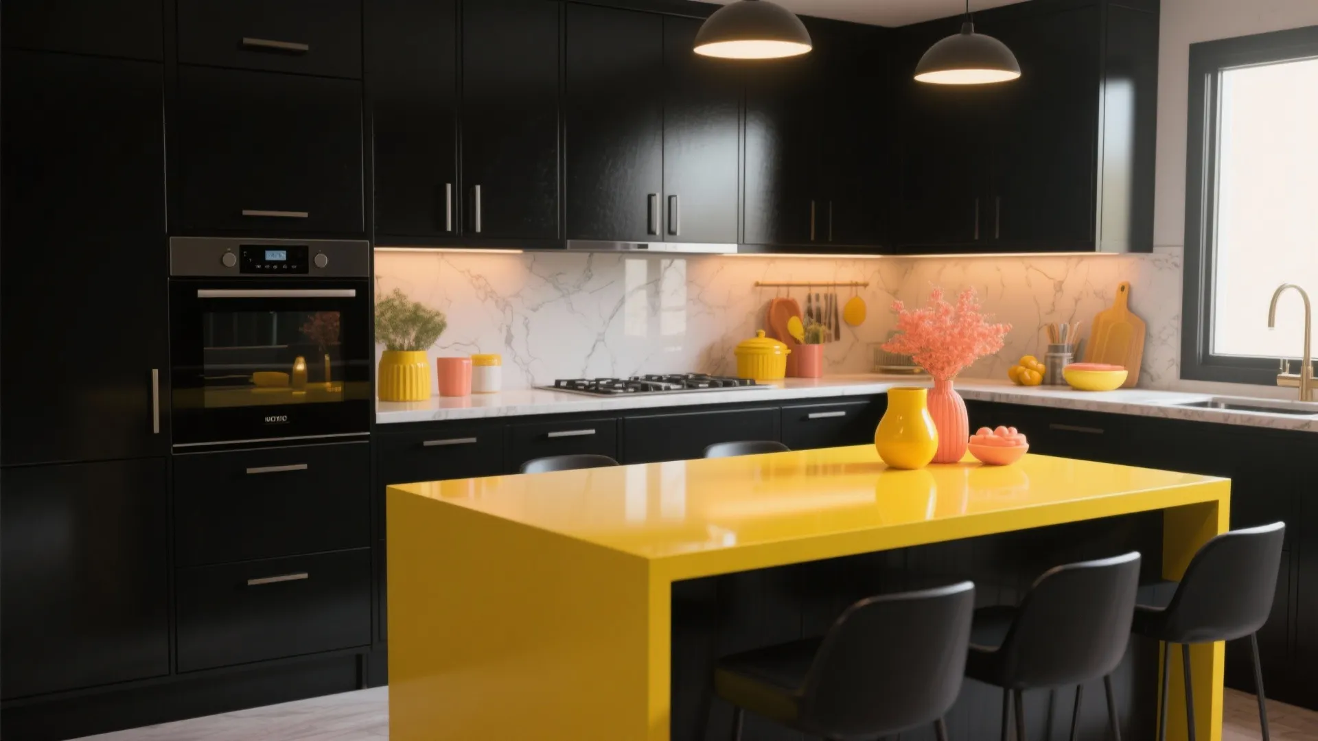 Modern black kitchen cabinets with yellow island table white marble backsplash and hanging ceiling lights