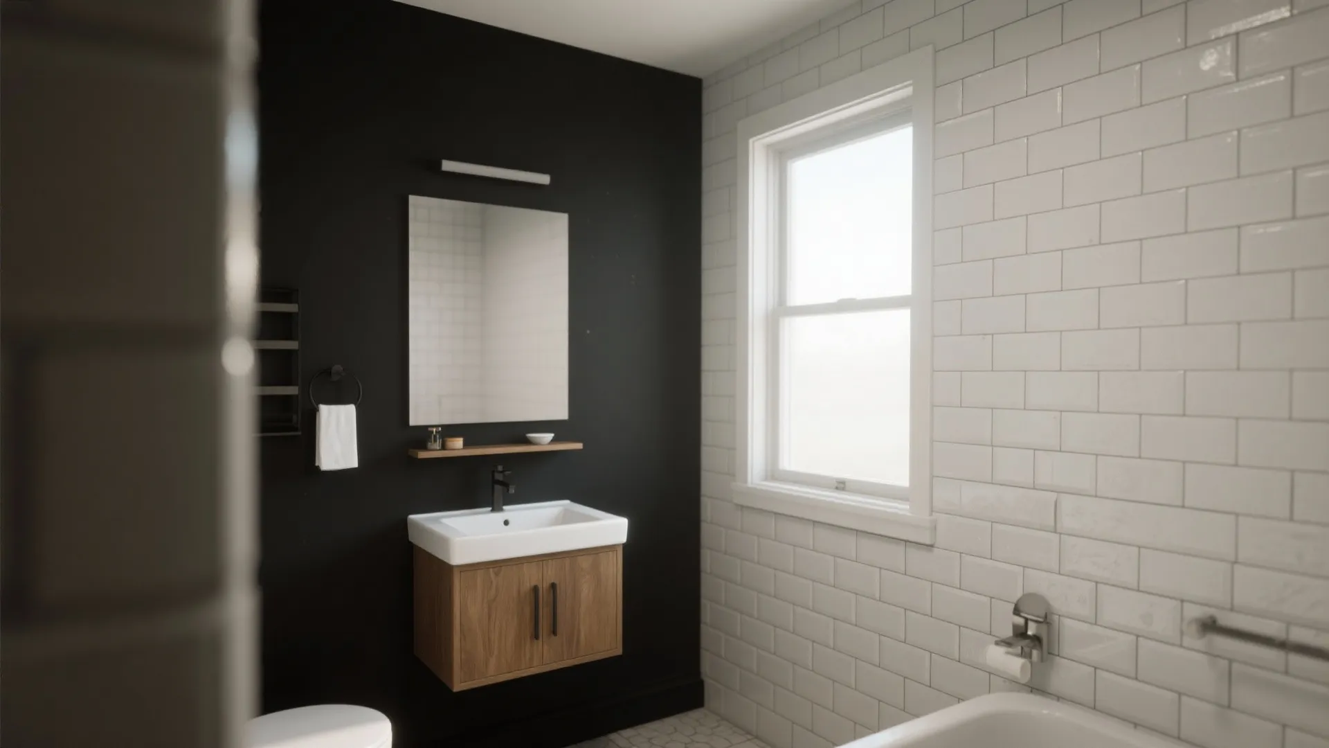 2. Black Accent Wall with White Subway Tiles