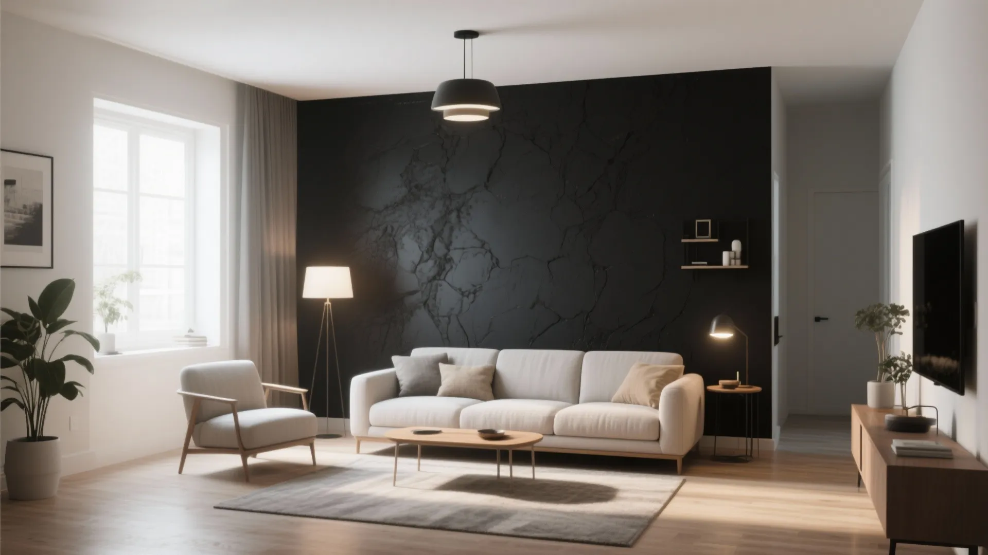Living room featuring black textured wall white sofa wooden floor ceiling light and natural window light