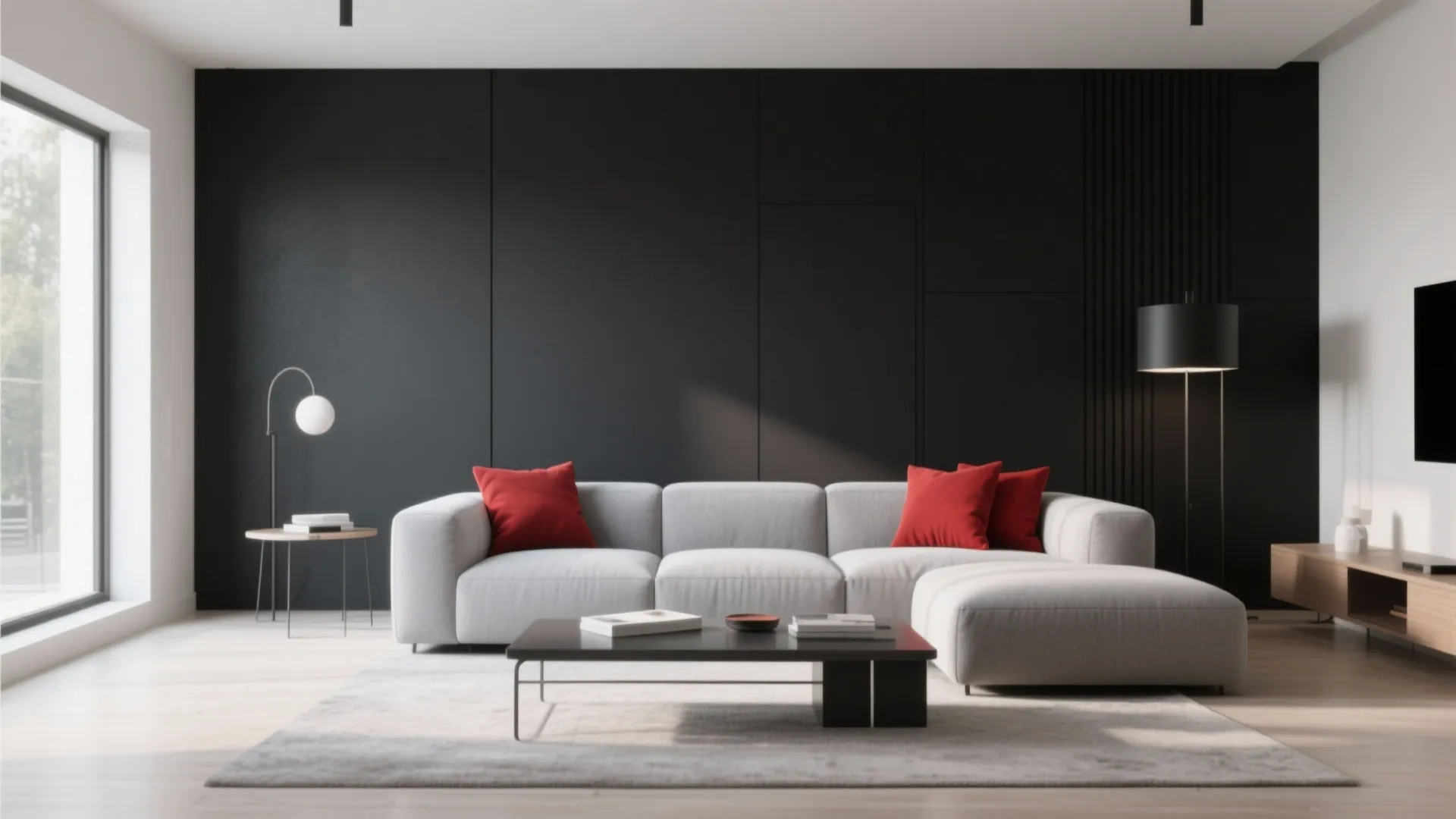 Minimalist living room with black wall panel behind light grey sofa and three red pillows