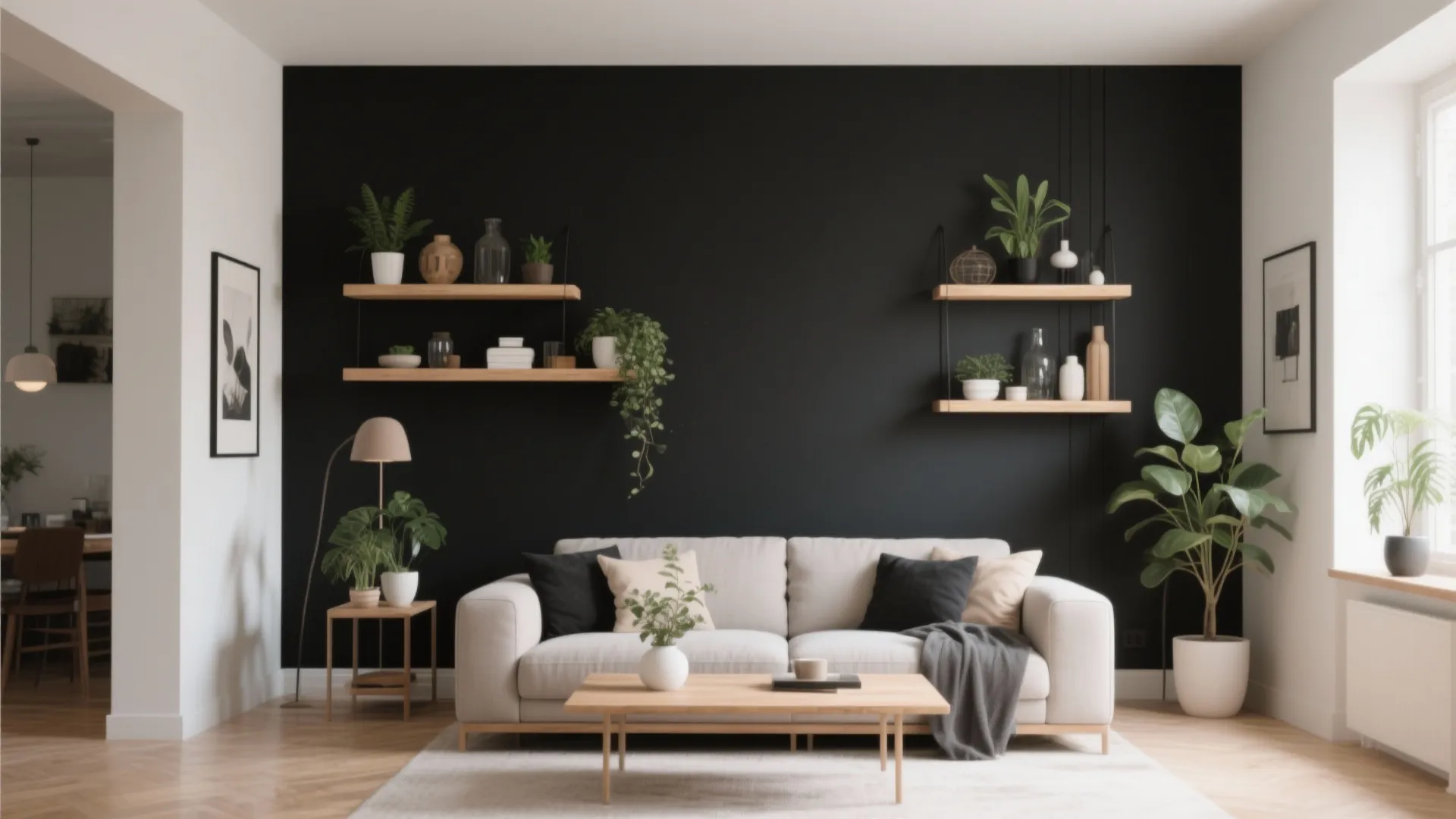 10. Black Accent Wall with Floating Shelves
