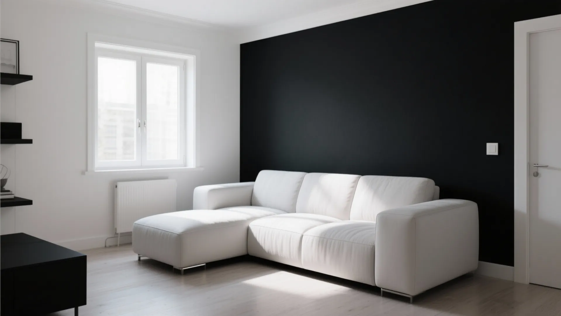 Small modern living room with a single black accent wall