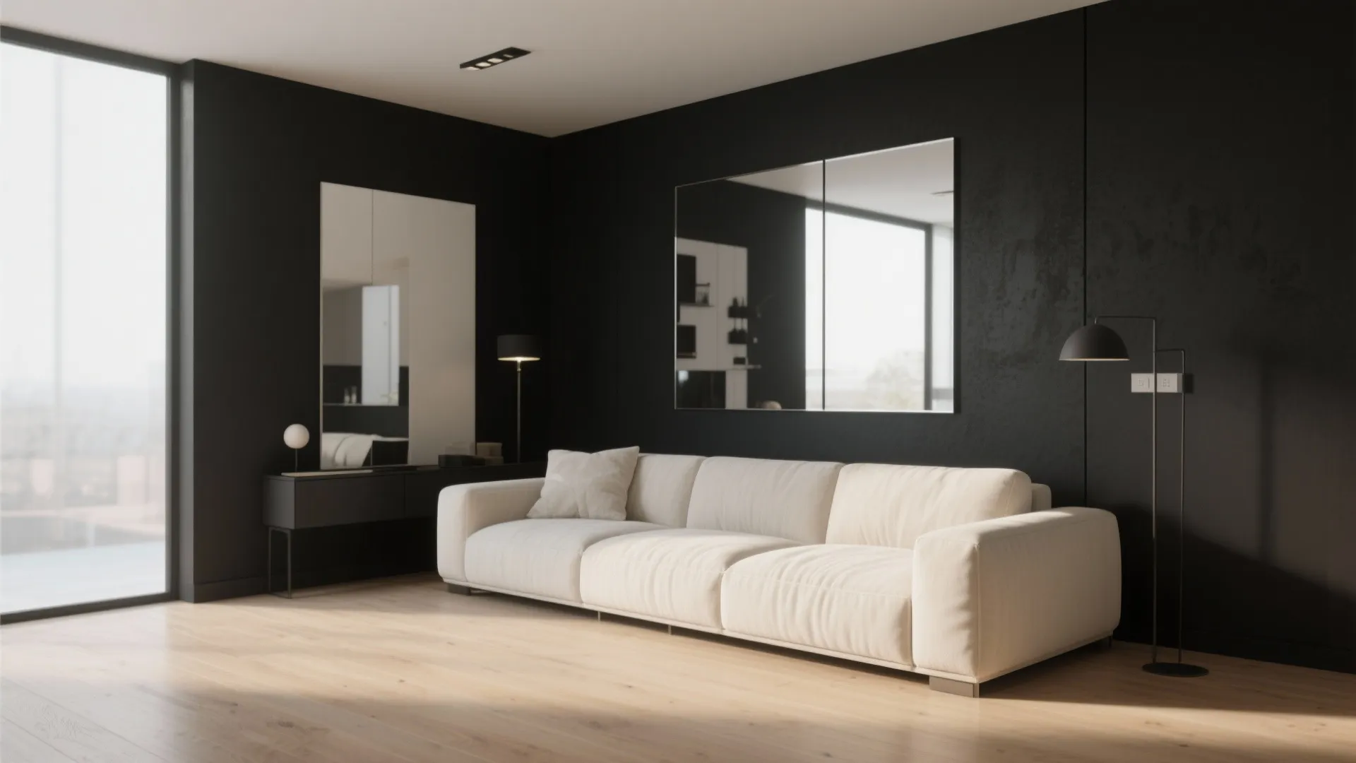 Living room with matte black accent wall and cream sofa