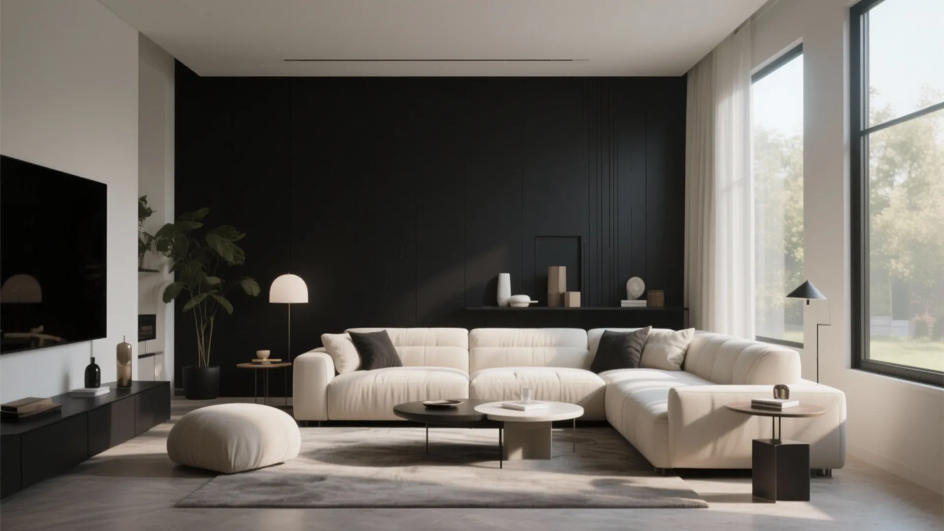 Black accent wall in a bright cream living room