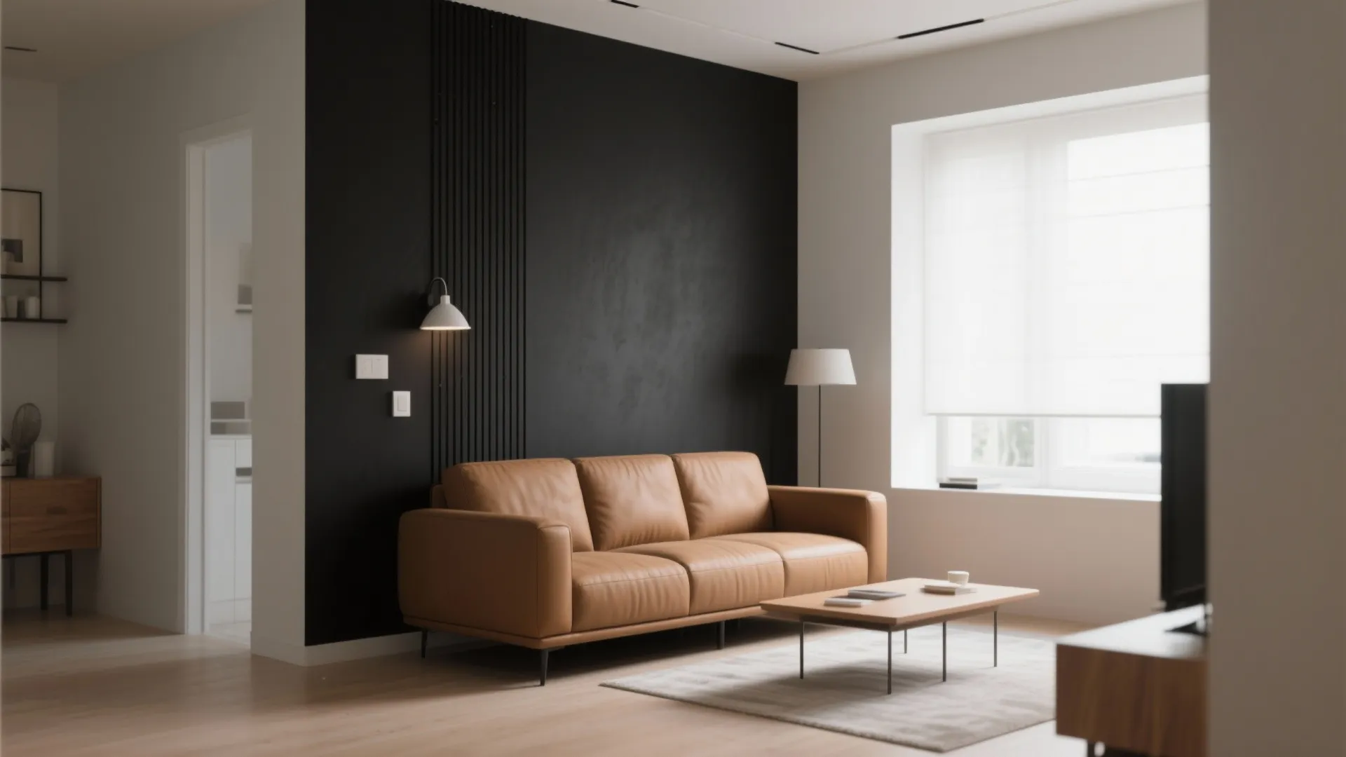 Tan leather sofa placed against a black accent wall with vertical lines and white wall light