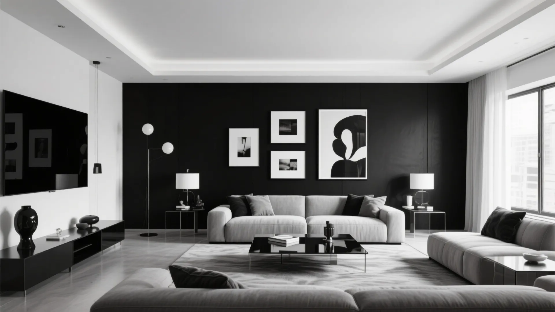 Living room with a bold matte black accent wall