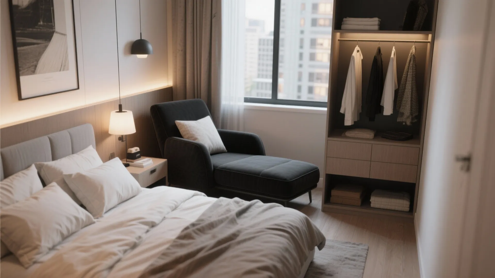 Cozy bedroom corner with a black sofa next to a wooden cabinet and large city window