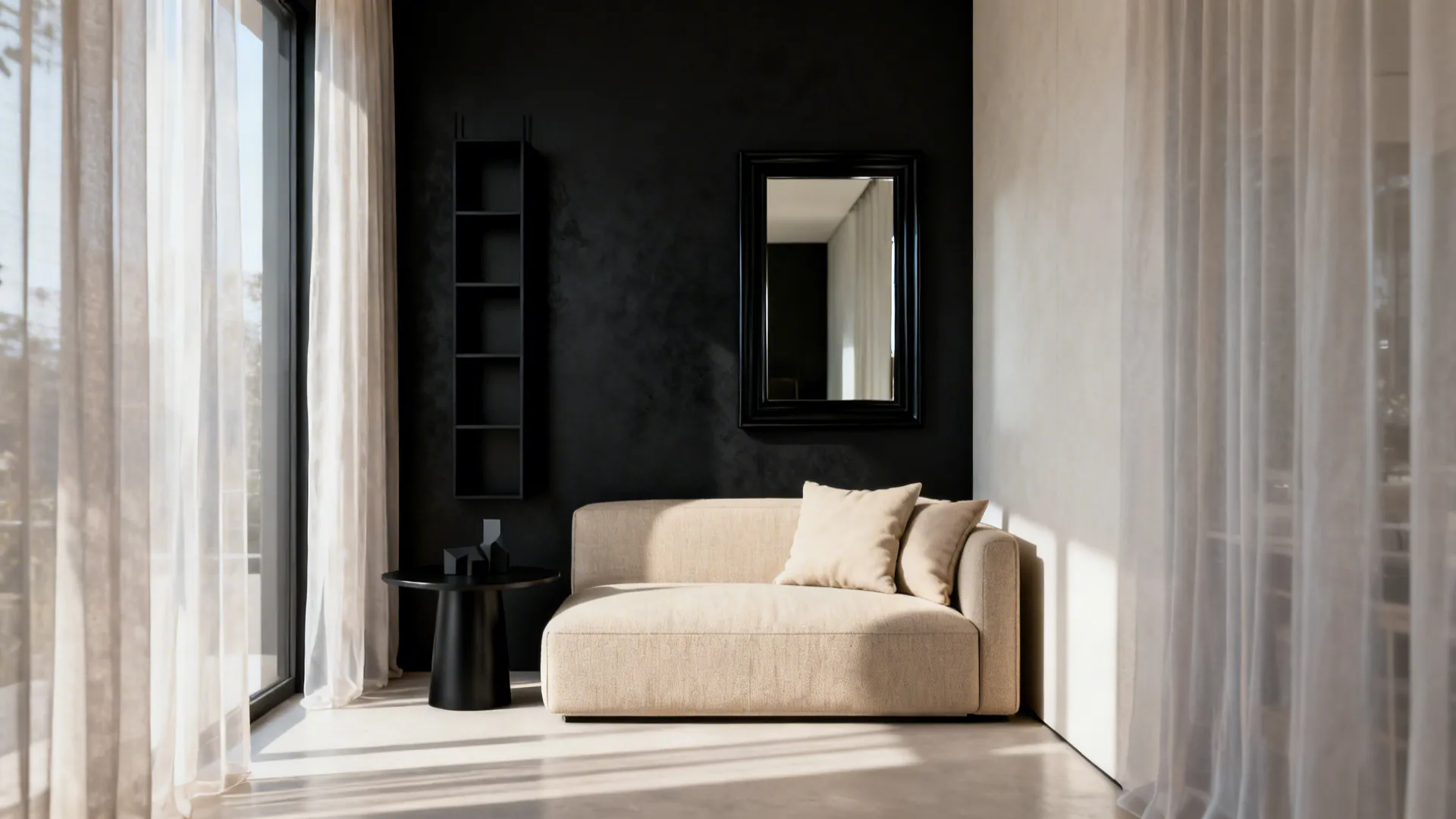 Seating area anchored by a matte black accent wall, black shelving and a black-framed mirror balanced by beige furnishings.