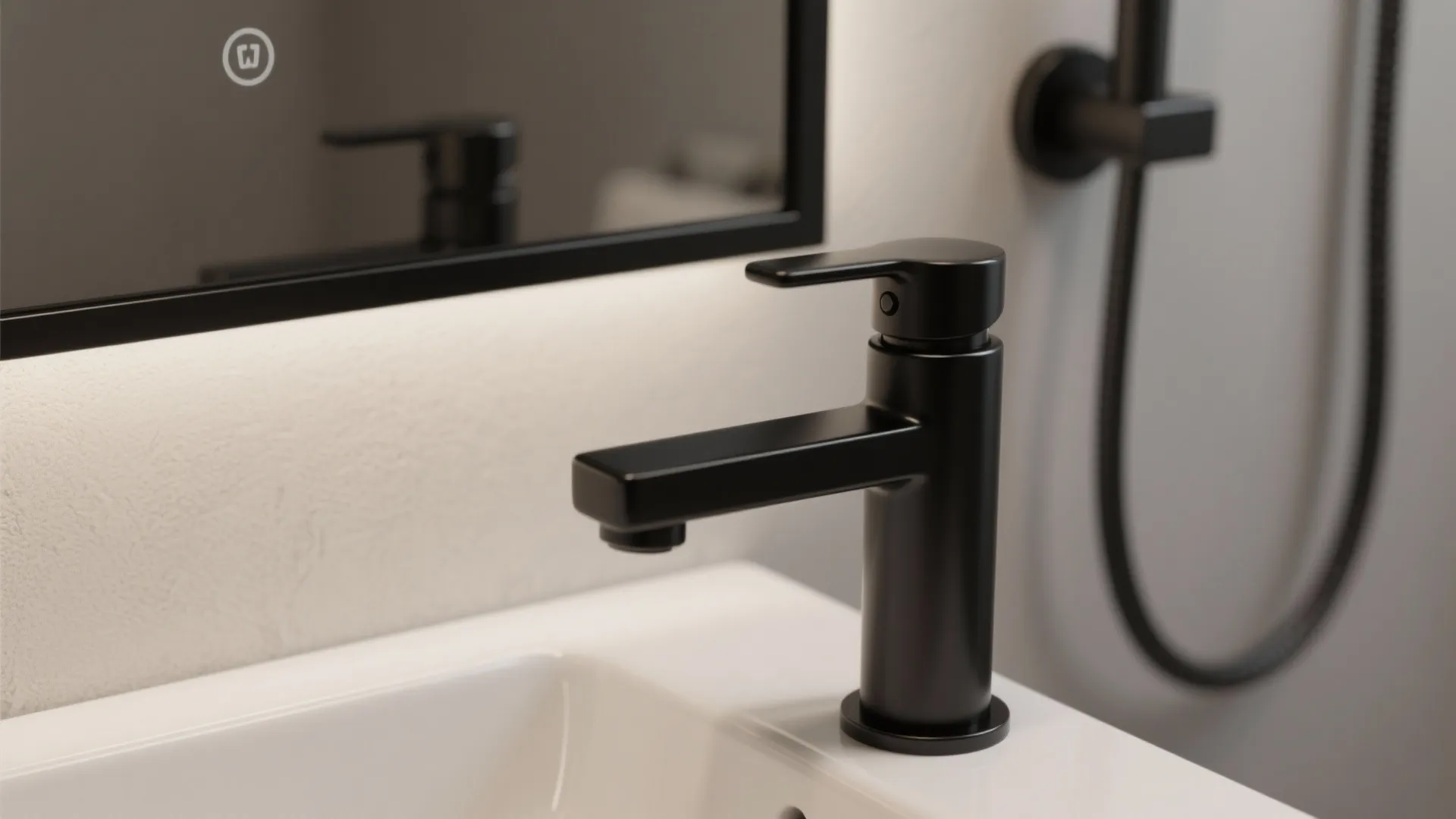 Close up view of a modern matte black water tap on a white bathroom sink