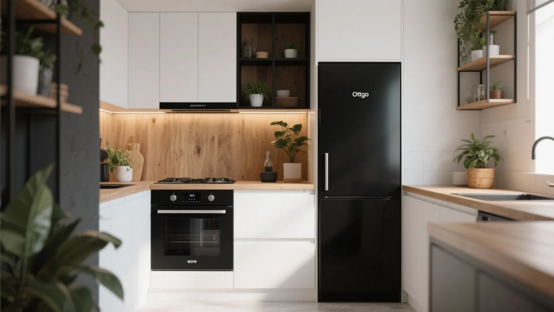 Modern kitchen with white cabinets wood wall panel black fridge oven and small green plants