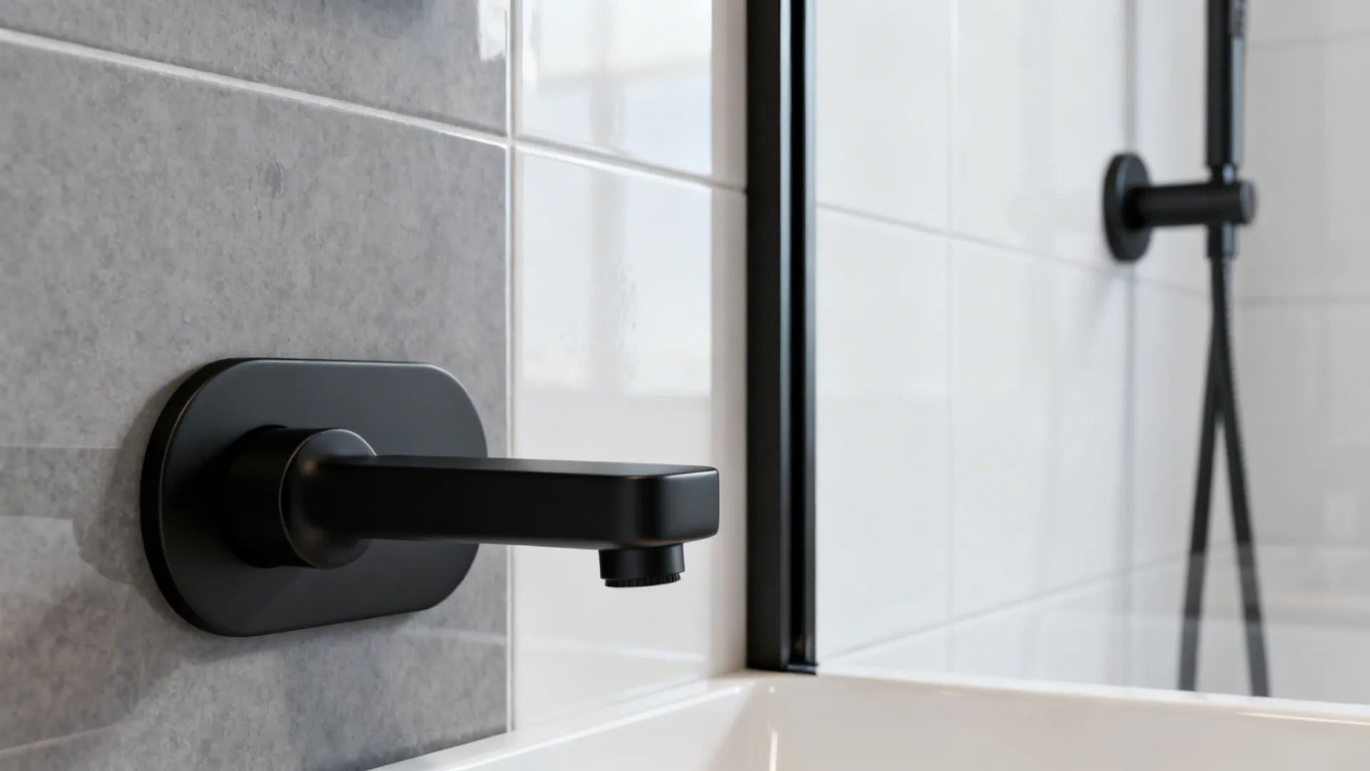Matte black tap and shower frame detail against grey and white tiles.