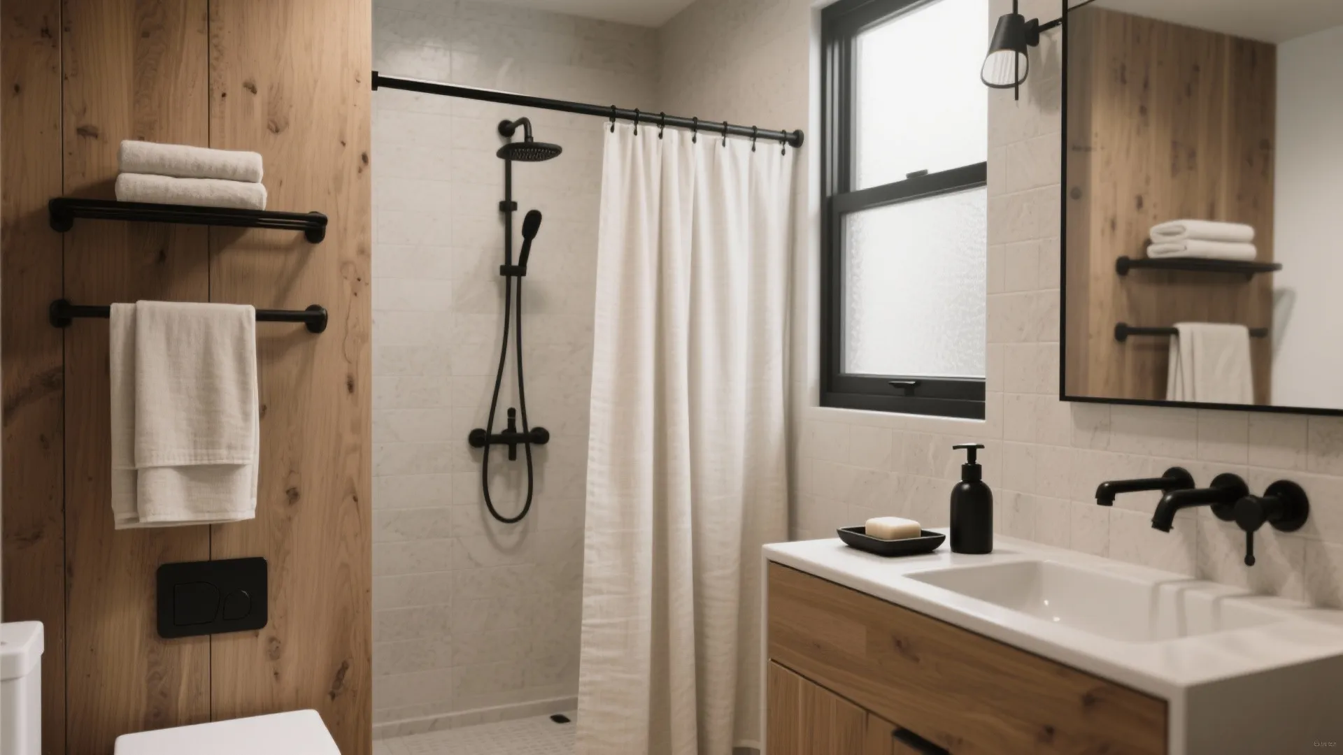 Modern bathroom with wood wall panel black shower head white curtain sink and vanity unit