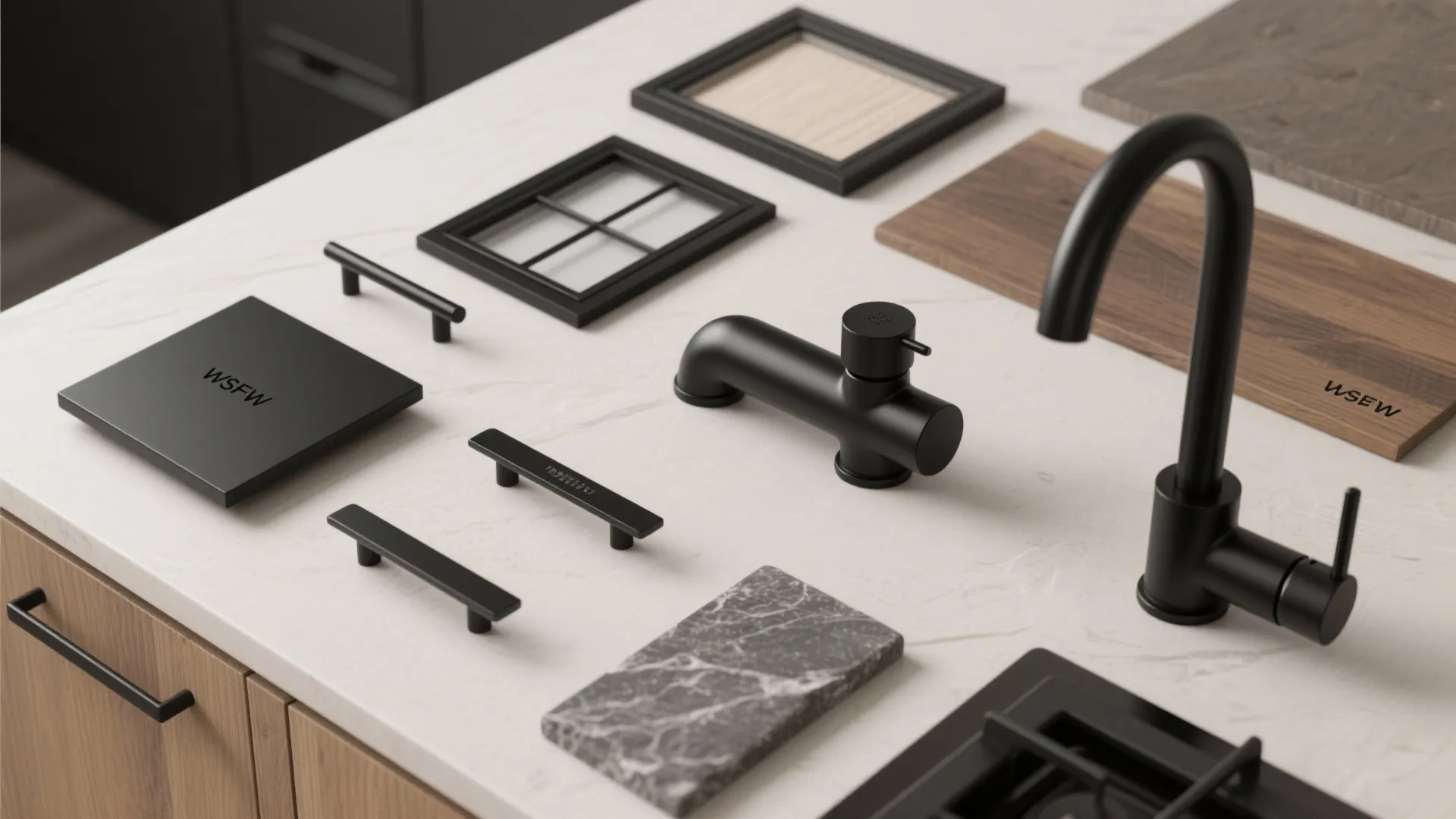 Modern kitchen hardware collection with black faucets handles wood samples and marble stone on white countertop