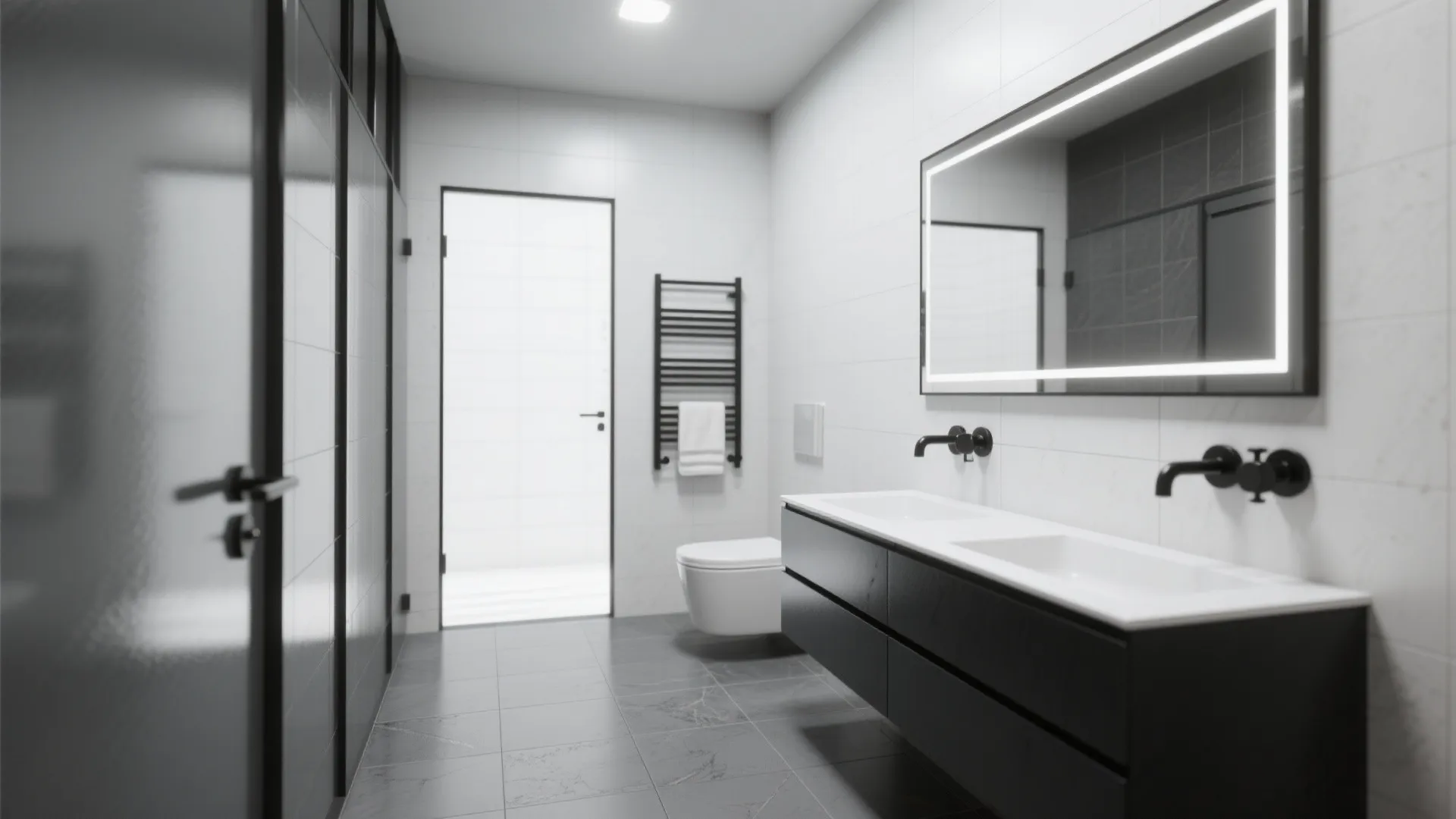 Minimalist bathroom with black cabinet, white sinks, lighted mirror, black faucets, and grey floor tiles