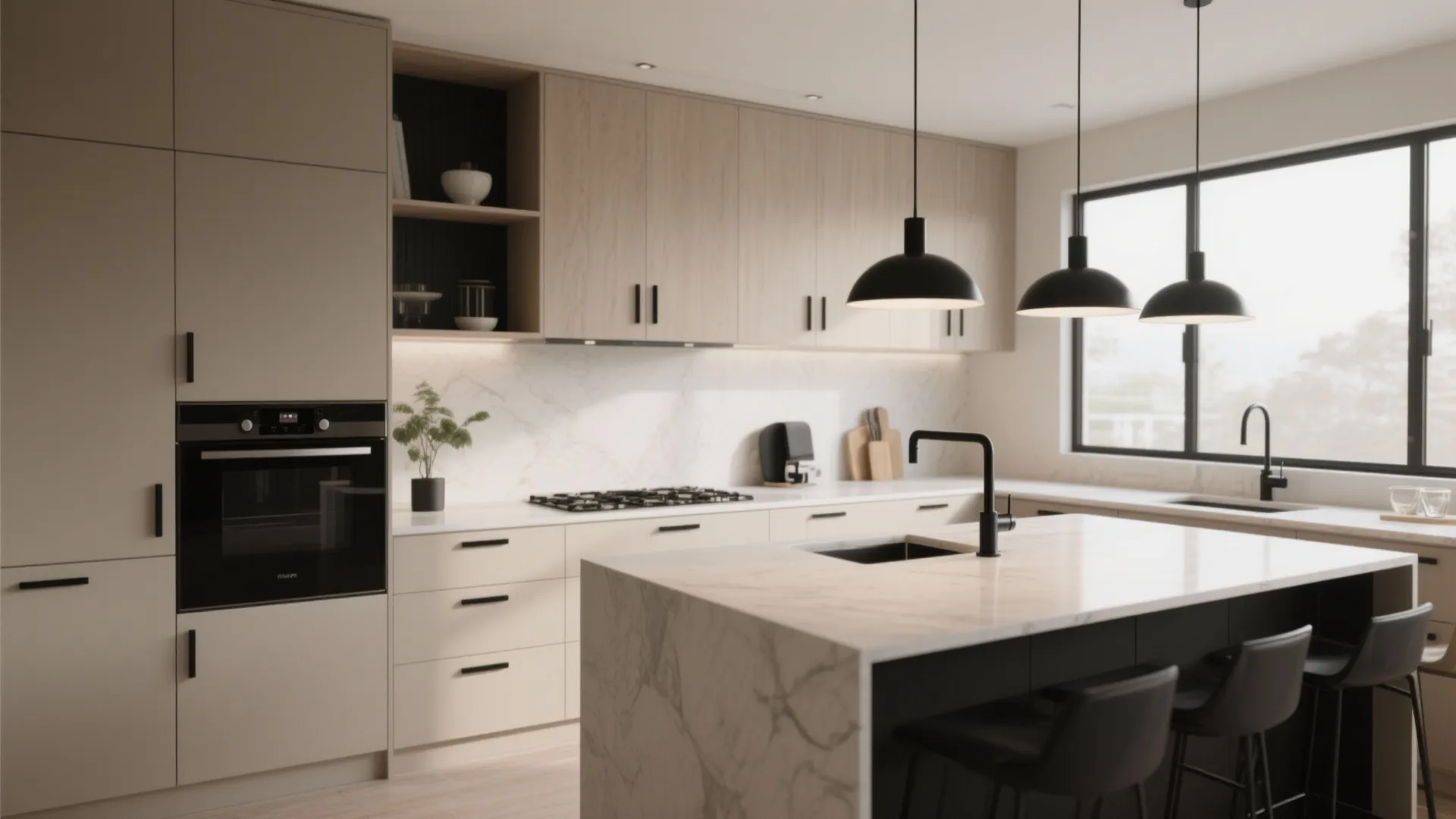 Neutral kitchen with bold black accents and fixtures