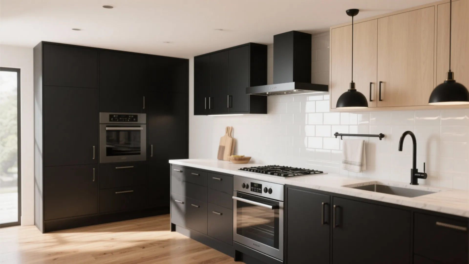 Kitchen tying black handles to faucet and lighting as repeating accents against light cabinetry.