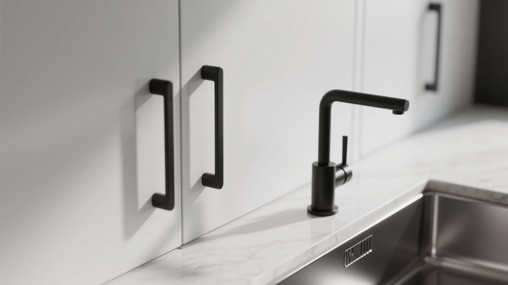 Matte black handles and faucet providing contrast on white cabinets with brushed stainless sink
