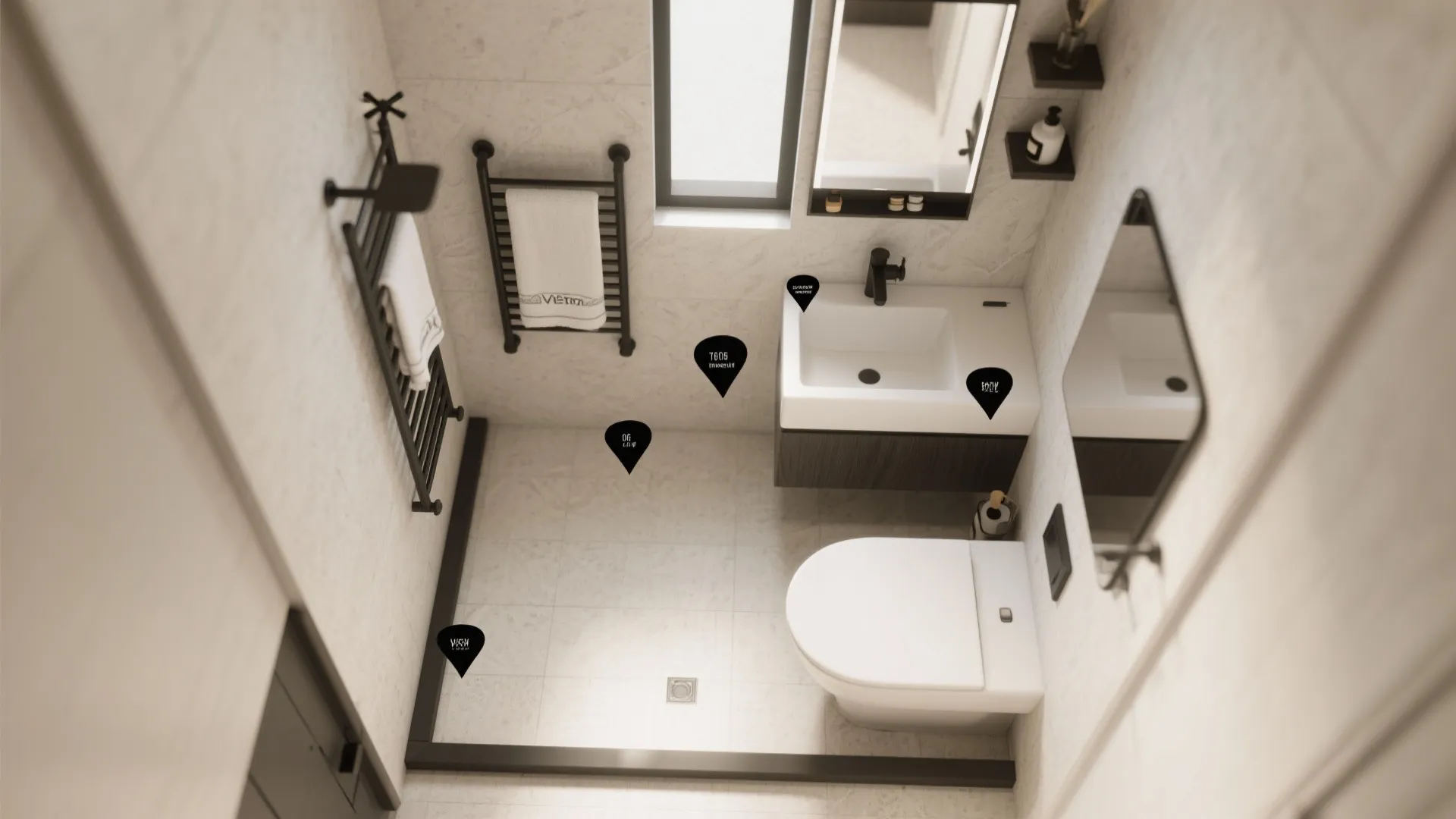 Modern bathroom top view interior design drawing showing white toilet sink and black wall light fixtures
