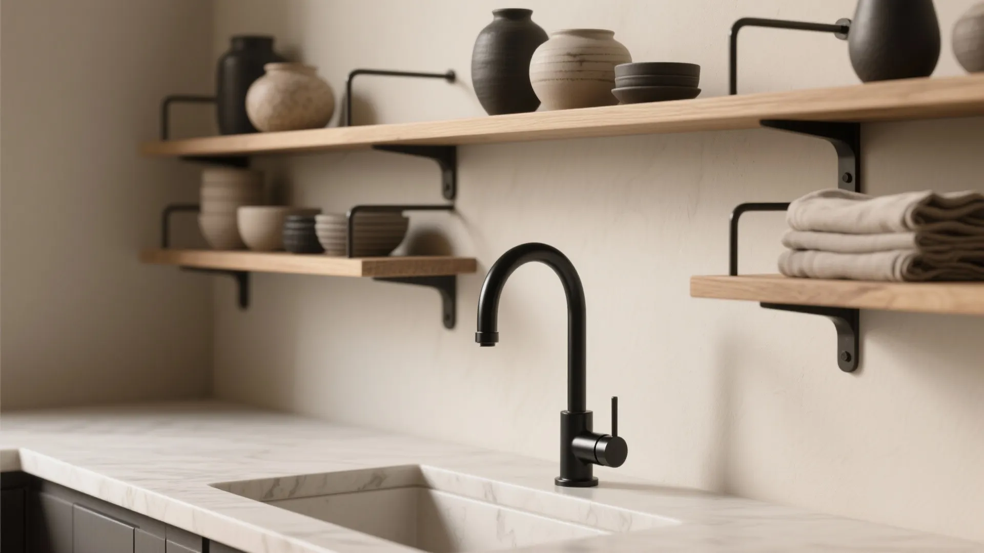 3. Black Metal Accents and Open Shelving