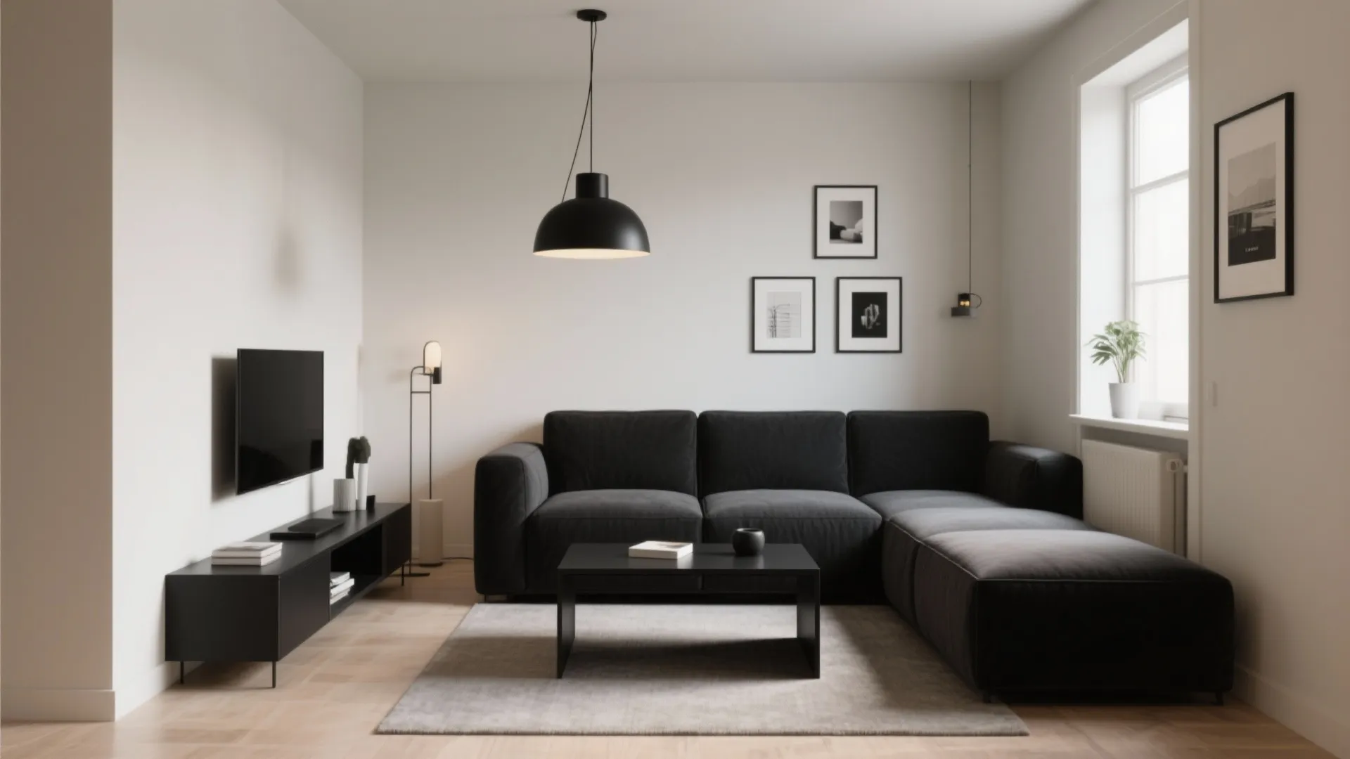 Small living space with a slim black coffee table and a black pendant against a calm neutral backdrop.
