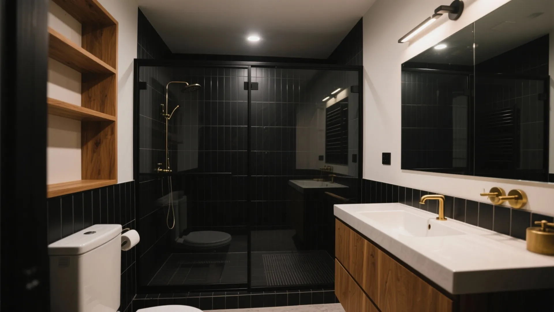 Modern bathroom with black wall tiles gold faucets wood cabinet white sink and glass shower